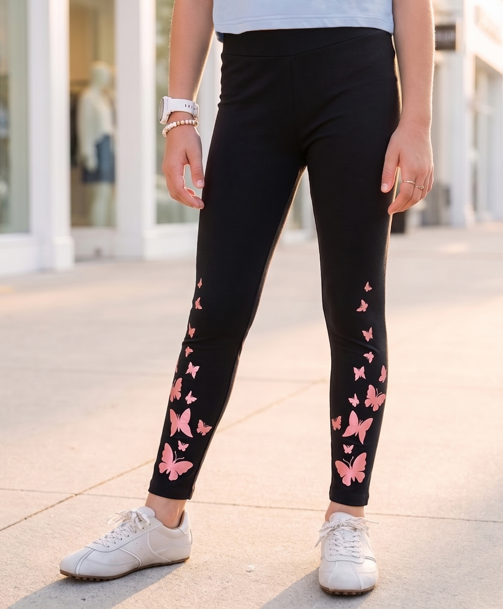 Pine Kids Cotton Lycra Knit Full Length Butterfly Glitter Printed Leggings - Black-image-40