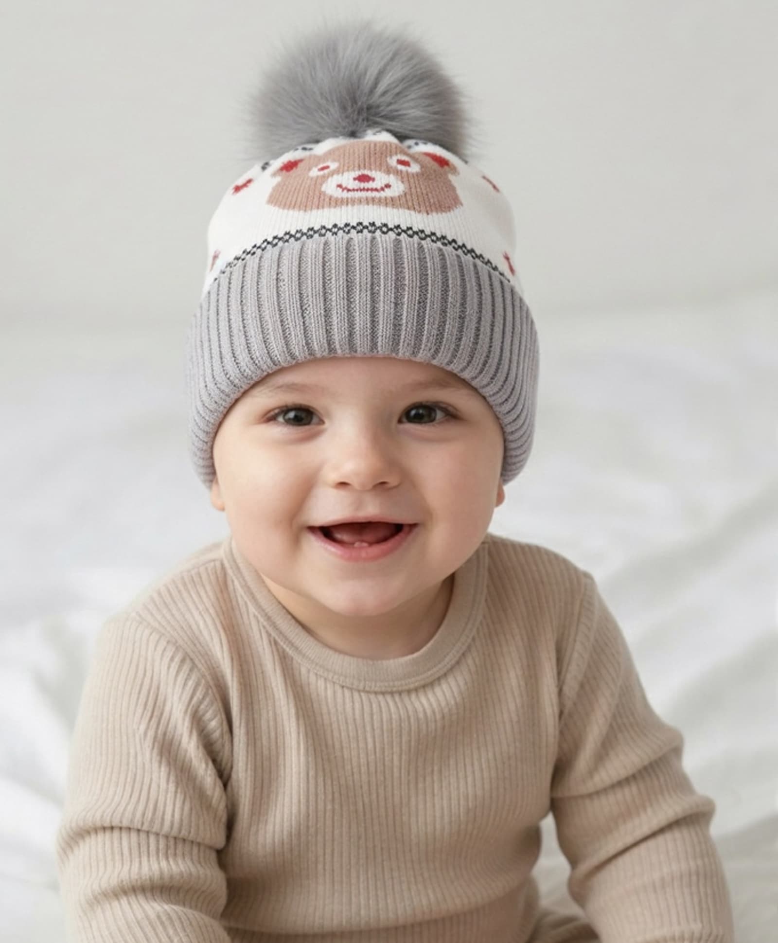 Babyhug Knit Woollen Cap With Pom Pom & Teddy Bear Design White - Diameter 13 cm-picture-28