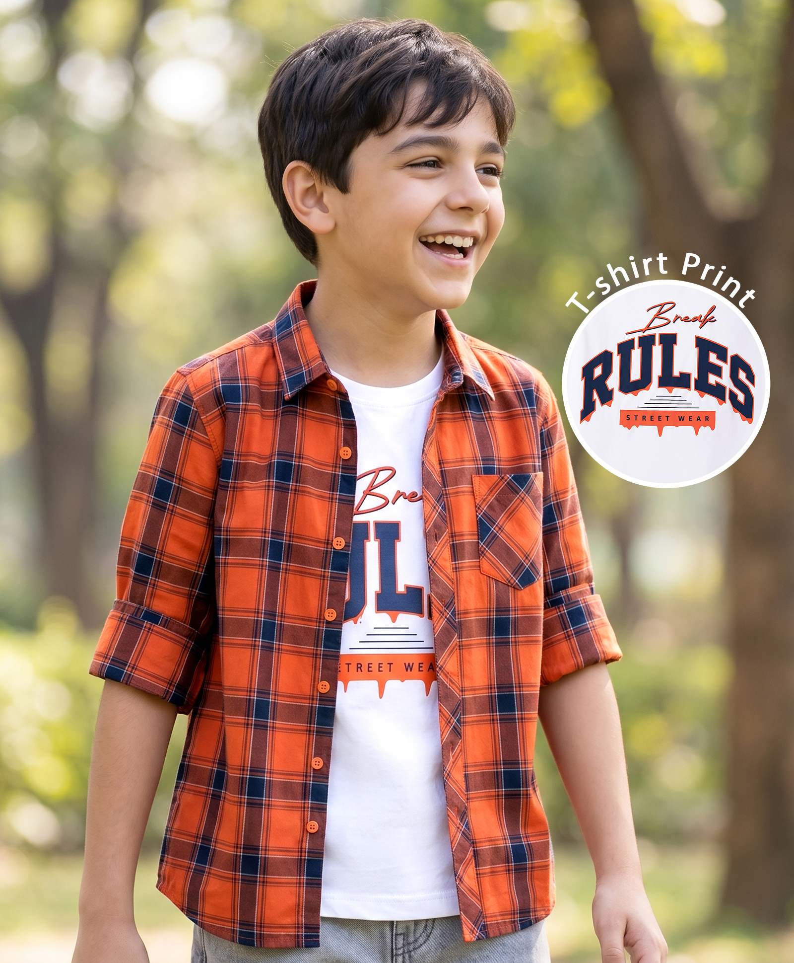 Pine Kids 100% Cotton Woven Full Sleeves Checked Shirt With Text Printed Tank T-Shirt - Orange-picture-22