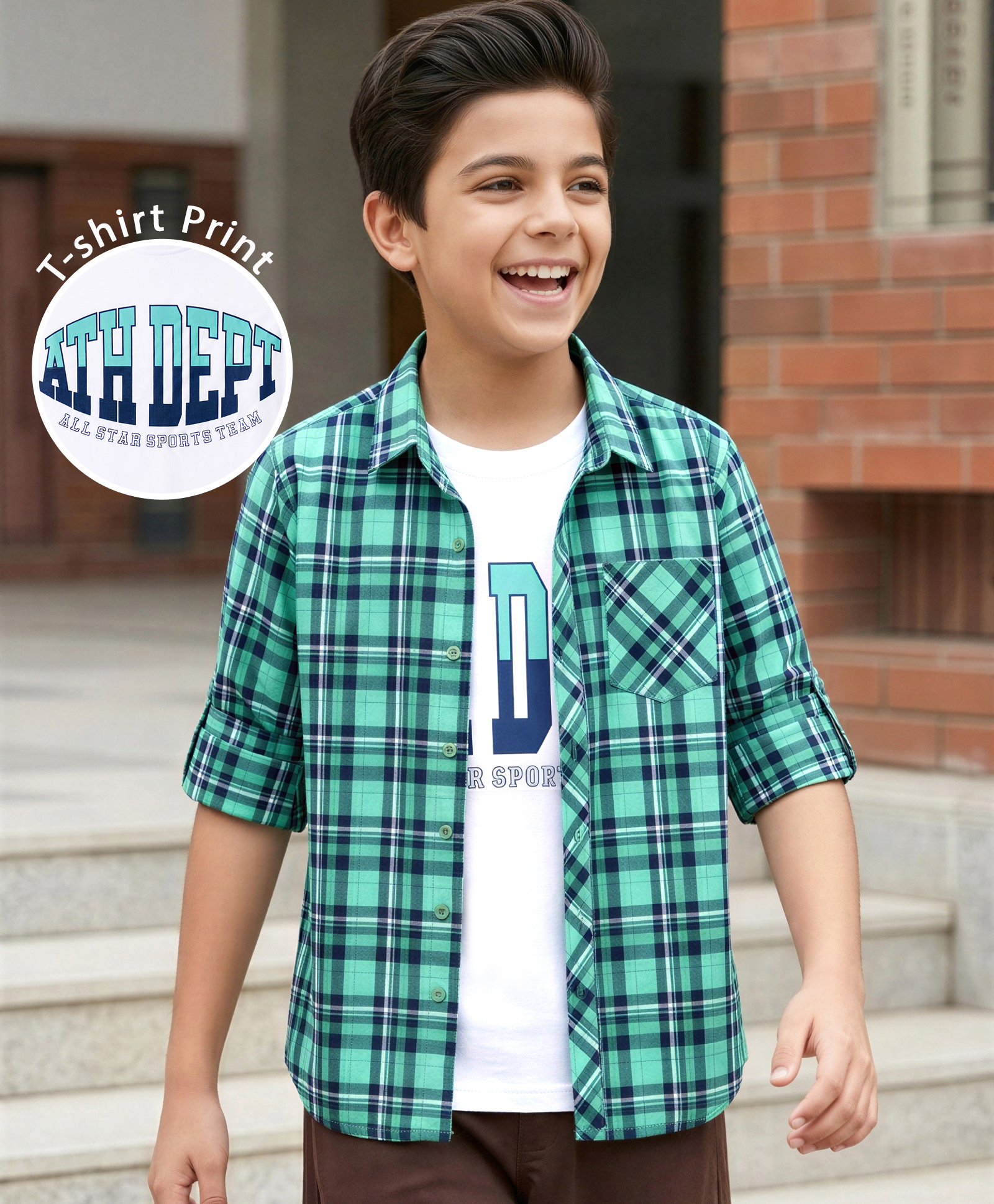 Pine Kids 100% Cotton Woven Full Sleeves Checked Shirt With Text Printed Tank T-Shirt - Green-picture-28
