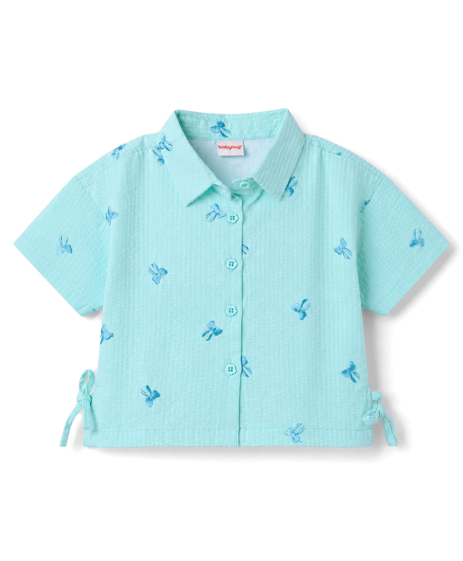 Babyhug Cotton Woven Seer-Sucker Shirt Style Top with Bow Embroidered & Side Knot Design- Light Blue-image-30