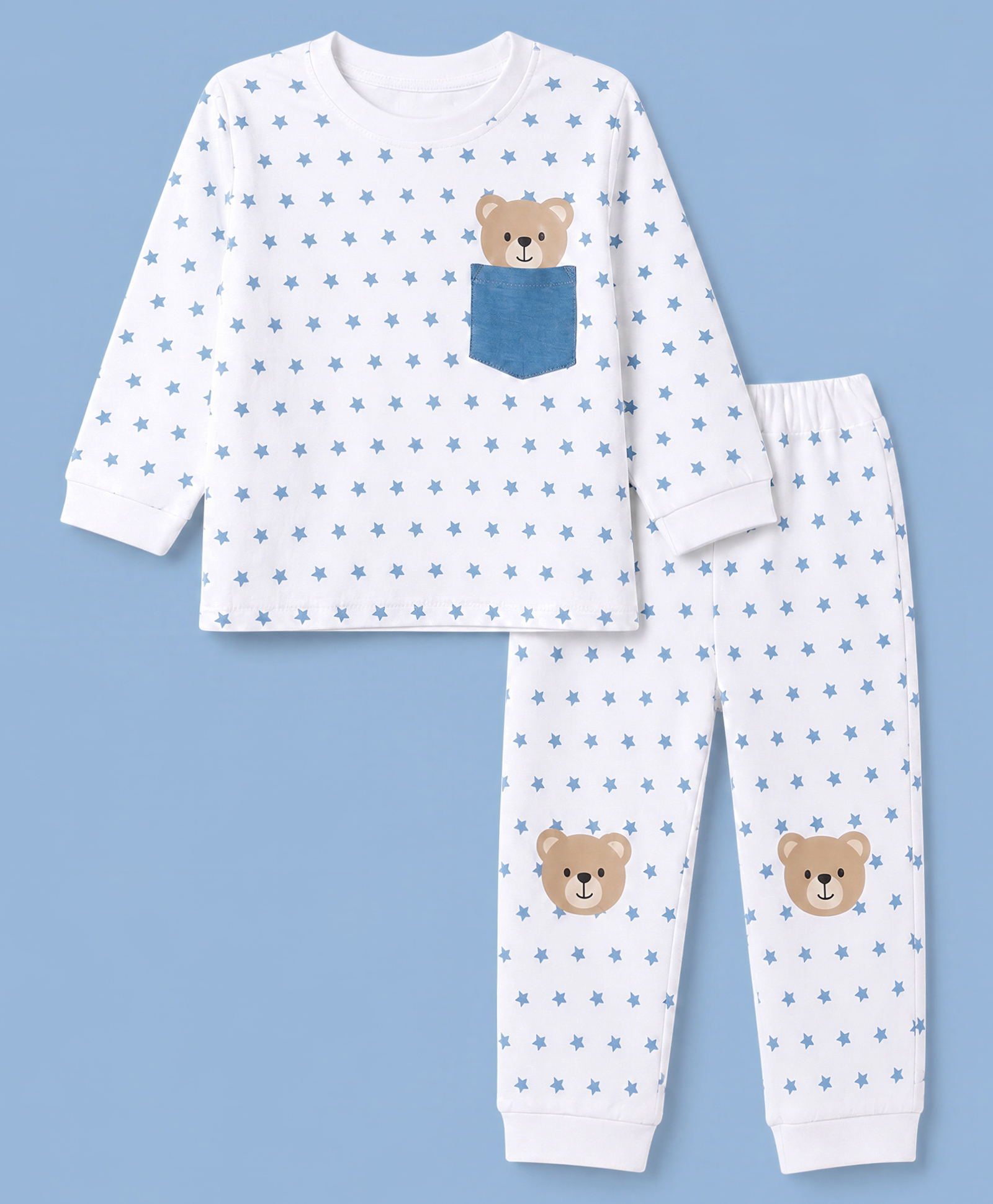 ToffyHouse Interlock Knit Full Sleeves T-Shirt & Pyjama Night Suit with Star & Bear Print - White-image-31