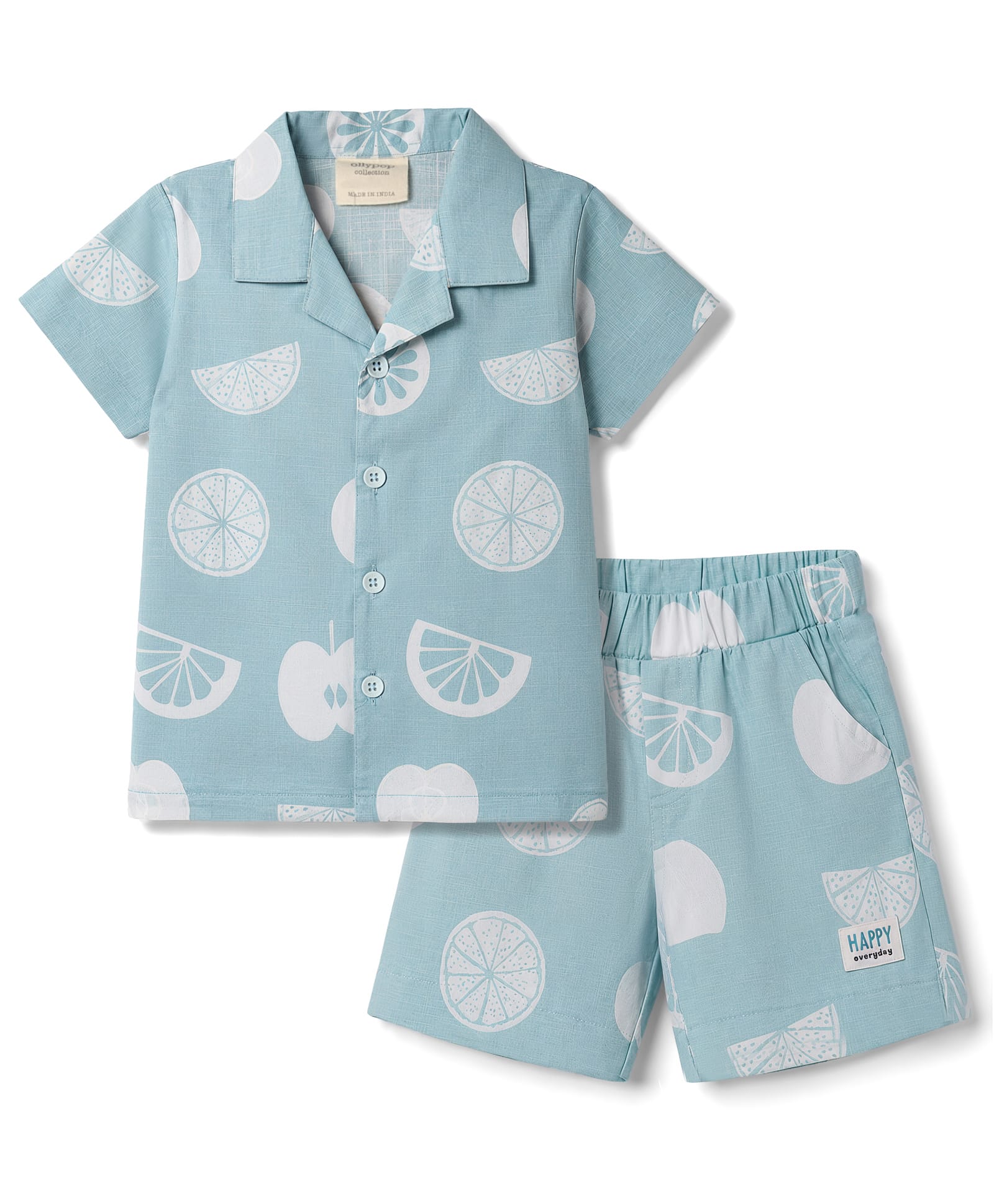 Ollypop Linen Woven Half Sleeves Shirt & Shorts Co-Ord Night Suit With Lemon Print - Blue-image-34