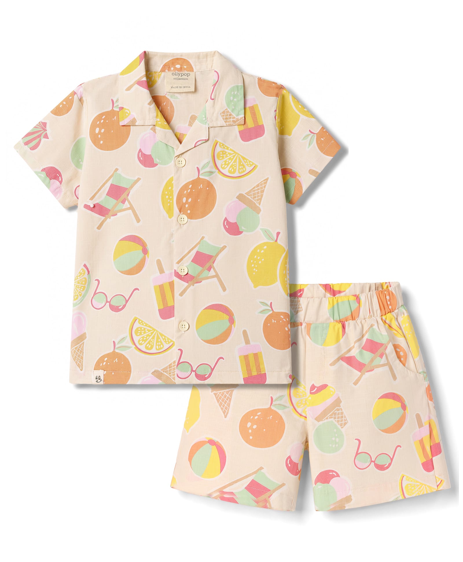 Ollypop Linen Woven Half Sleeves Shirt & Shorts Co-Ord Night Suit With Tropical Print - Beige-image-27
