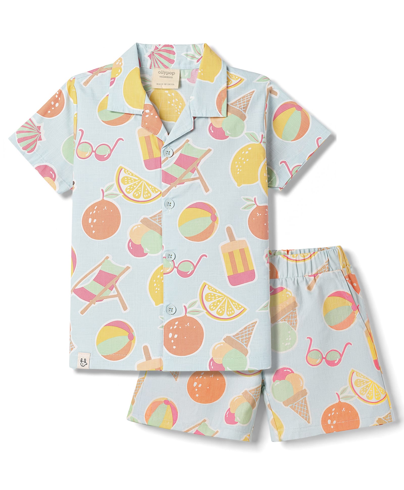 Ollypop Linen Woven Half Sleeves Shirt & Shorts Co-Ord Night Suit With Tropical Print - Light Blue-image-29