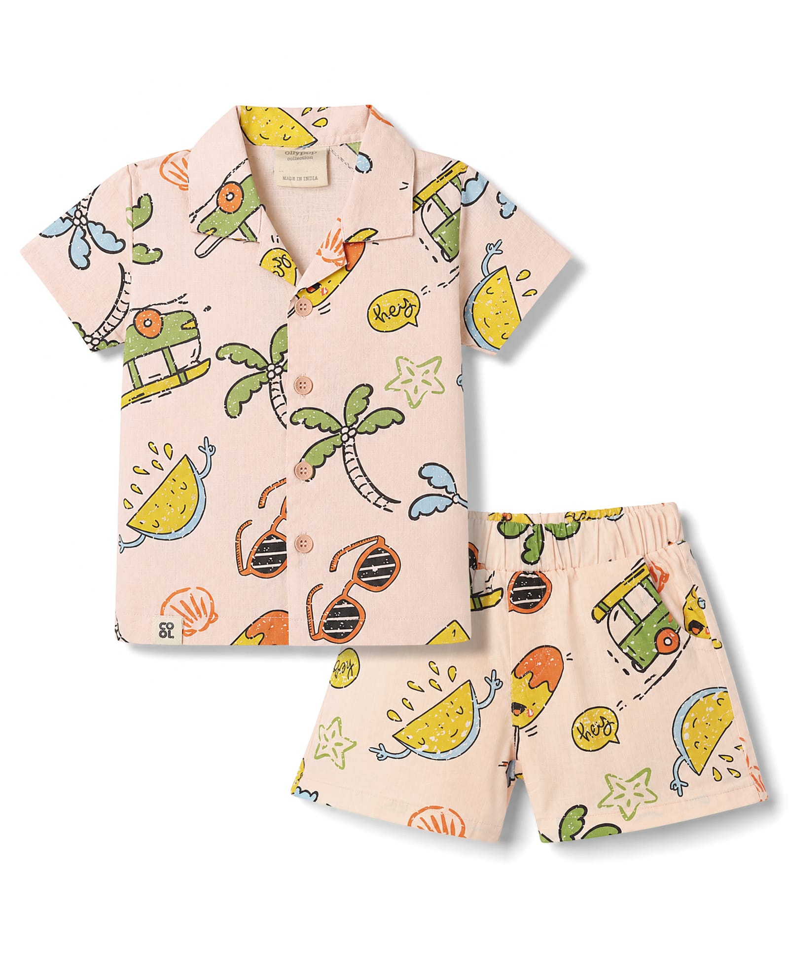 Ollypop Cotton Woven Half Sleeves Shirt & Shorts Co-Ord Night Suit With Tropical Print - Peach-picture-34