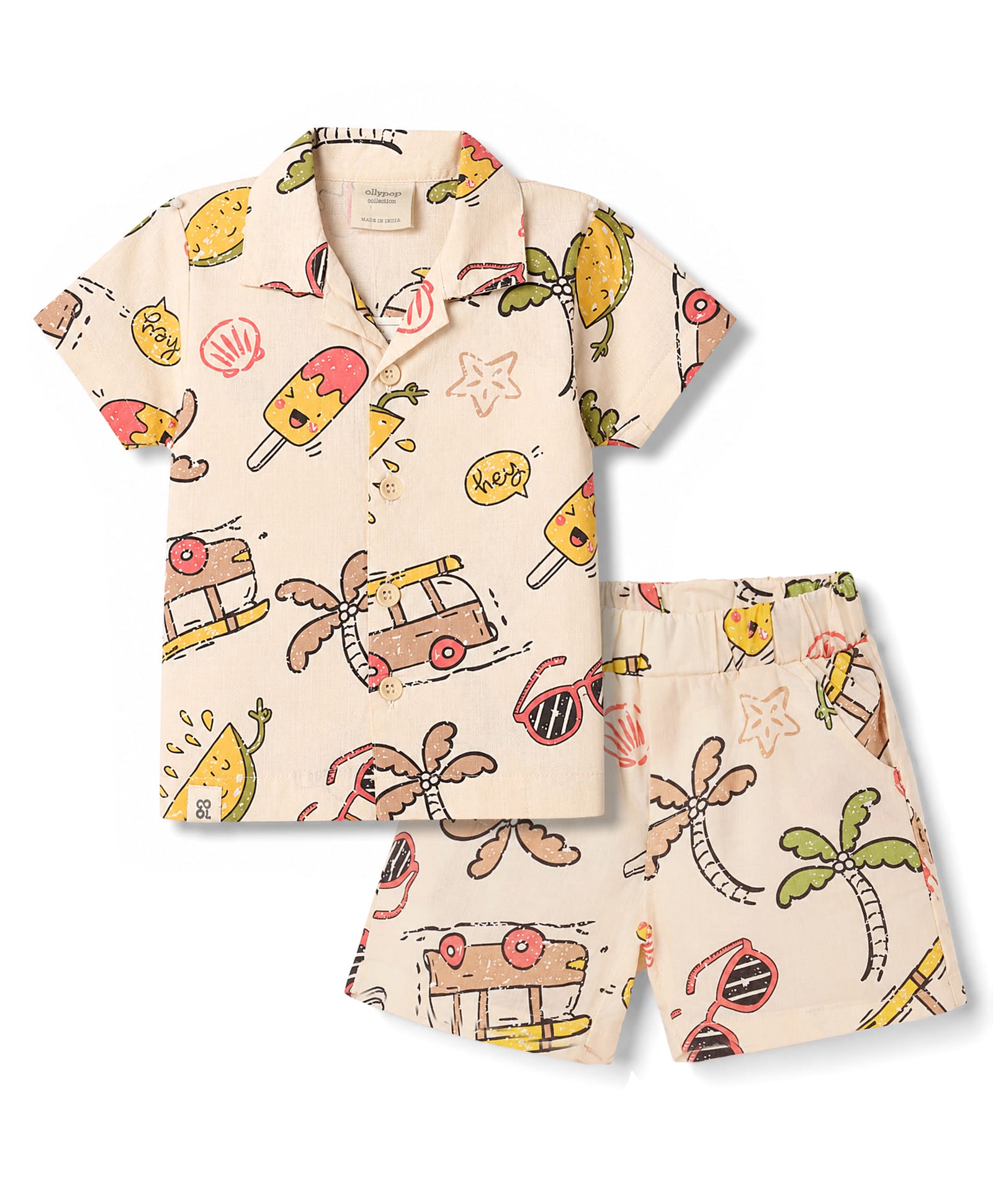 Ollypop Cotton Woven Half Sleeves Shirt & Shorts Co-Ord Night Suit With Tropical Print - Pink-image-34