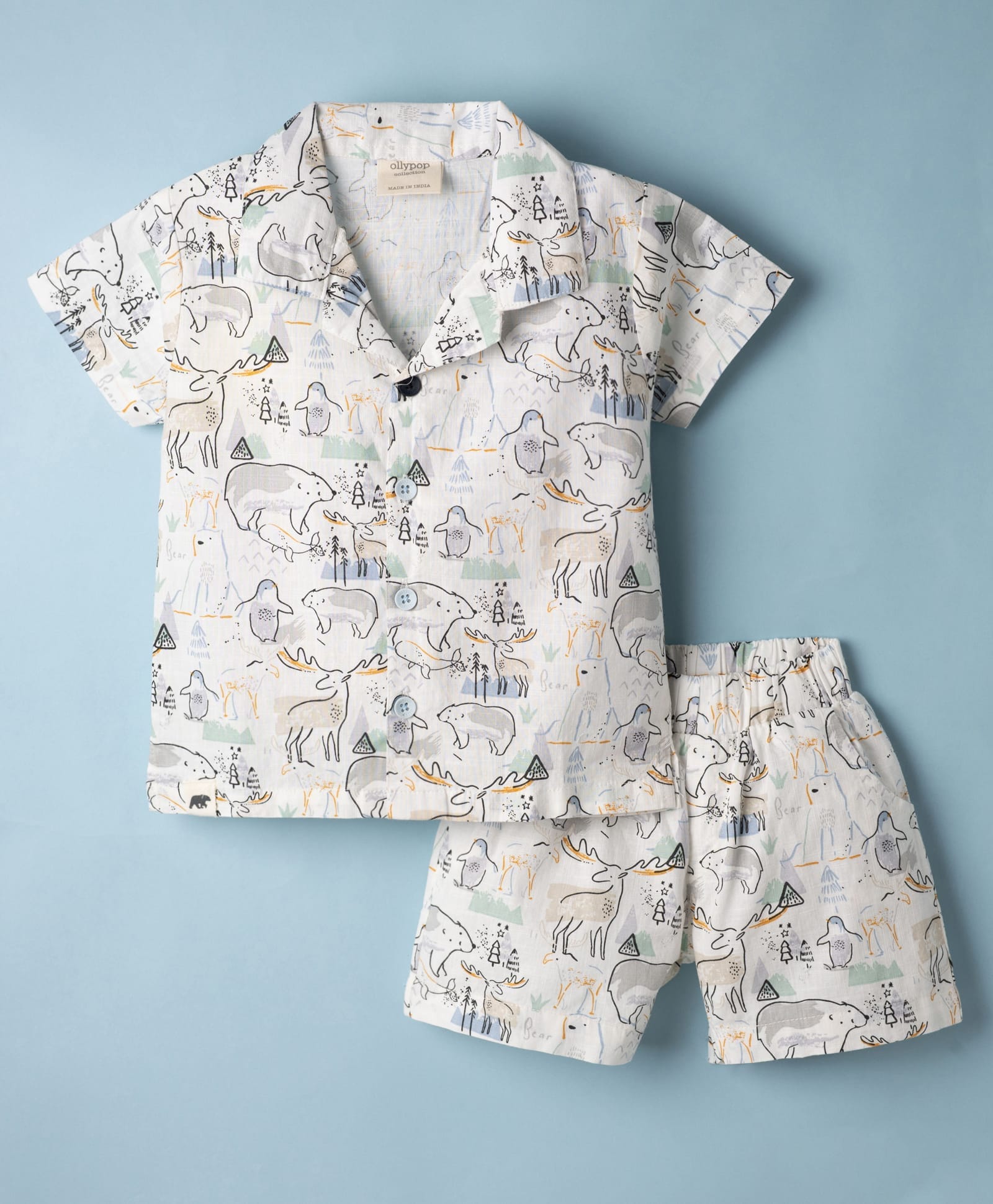 Ollypop Cotton Woven Half Sleeves Shirt & Shorts Co-Ord Night Suit With Snow Bear Print - White & Grey-image-41