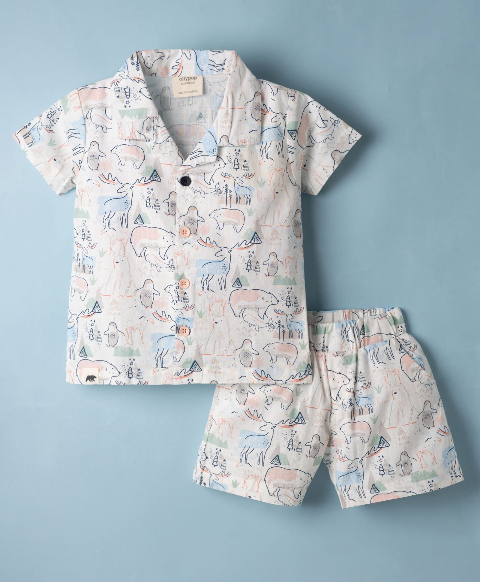 Ollypop Cotton Woven Half Sleeves Shirt & Shorts Co-Ord Night Suit With Snow Bear Print - White & Pink-image-48