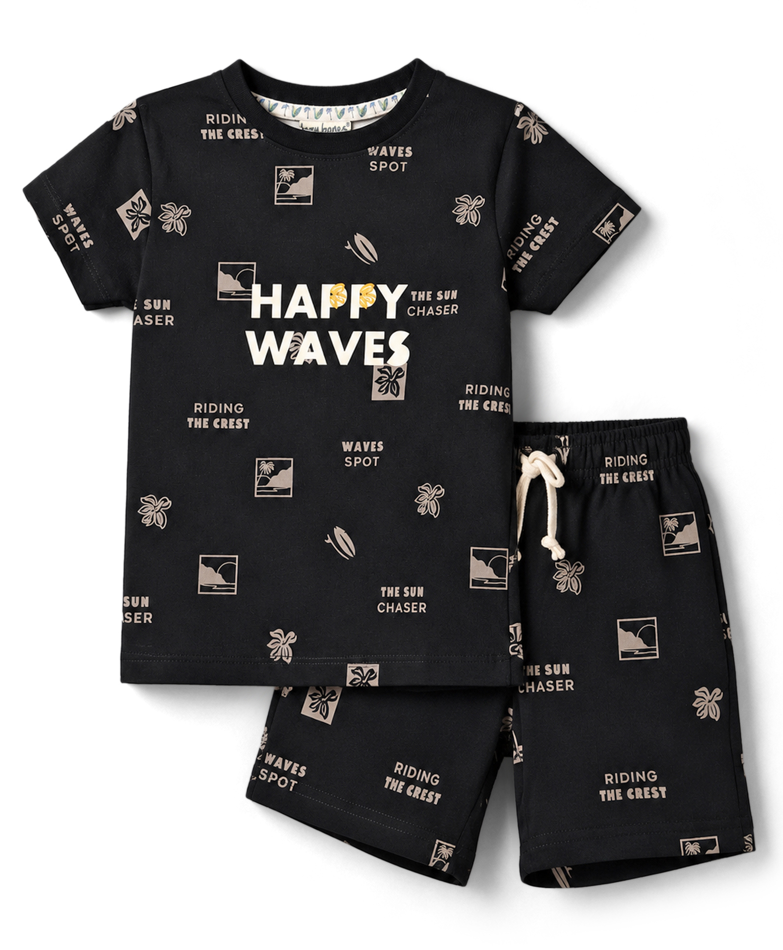 Lazy Bones Sinker Knit Half Sleeves Beach Theme Printed Co-Ords T-Shirt & Shorts Set - Black-picture-30