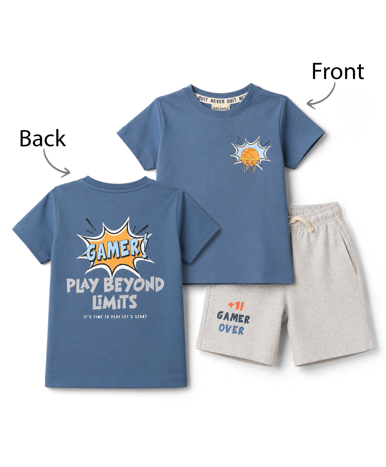Lazy Bones Sinker Knit Half Sleeves Sports Theme Printed T-Shirt & Shorts Set - Blue-picture-29