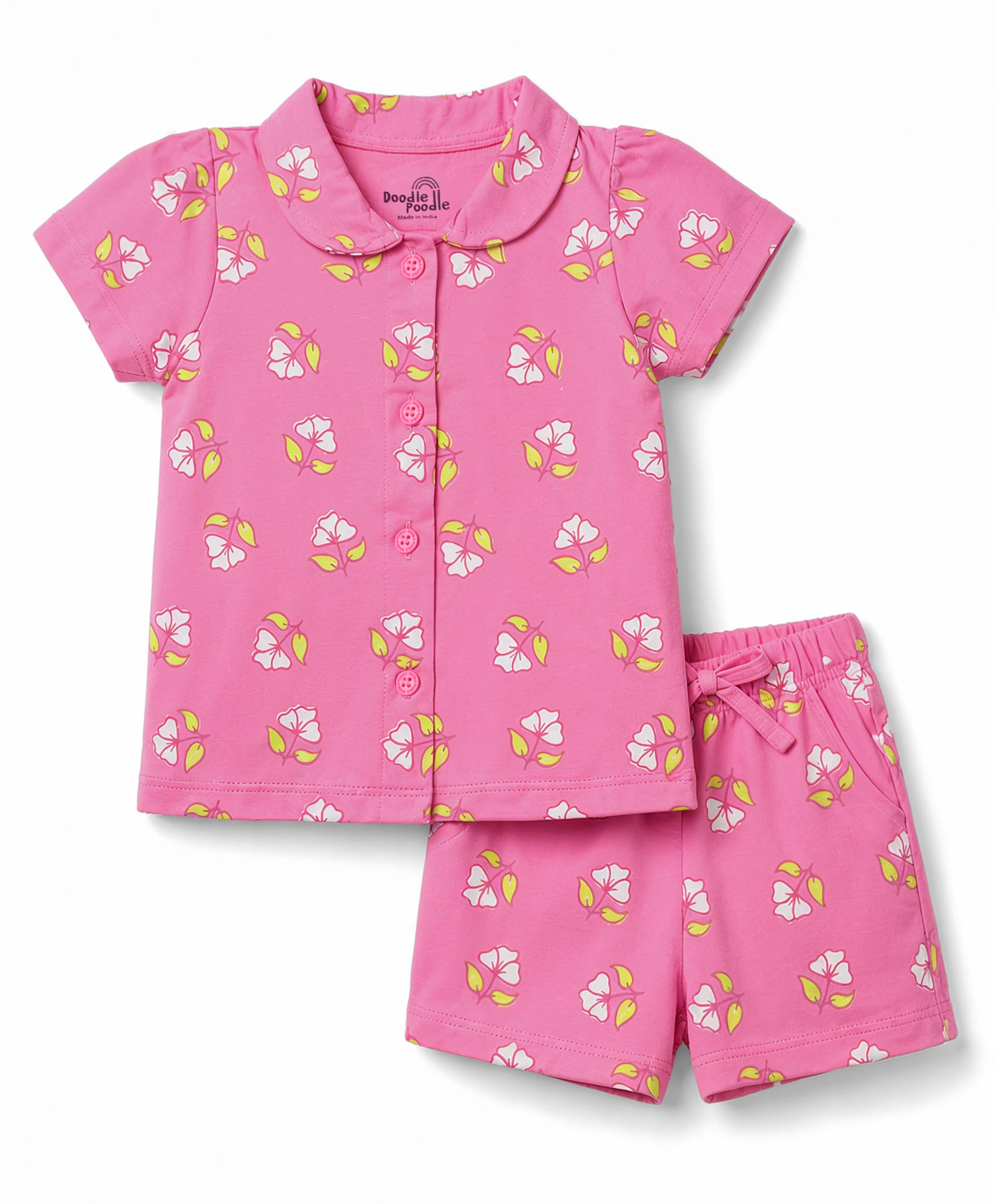 Doodle Poodle Single Jersey Knit Half Sleeves Shirt & Shorts Co-Ords Night Suit Floral Print - Pink-image-30