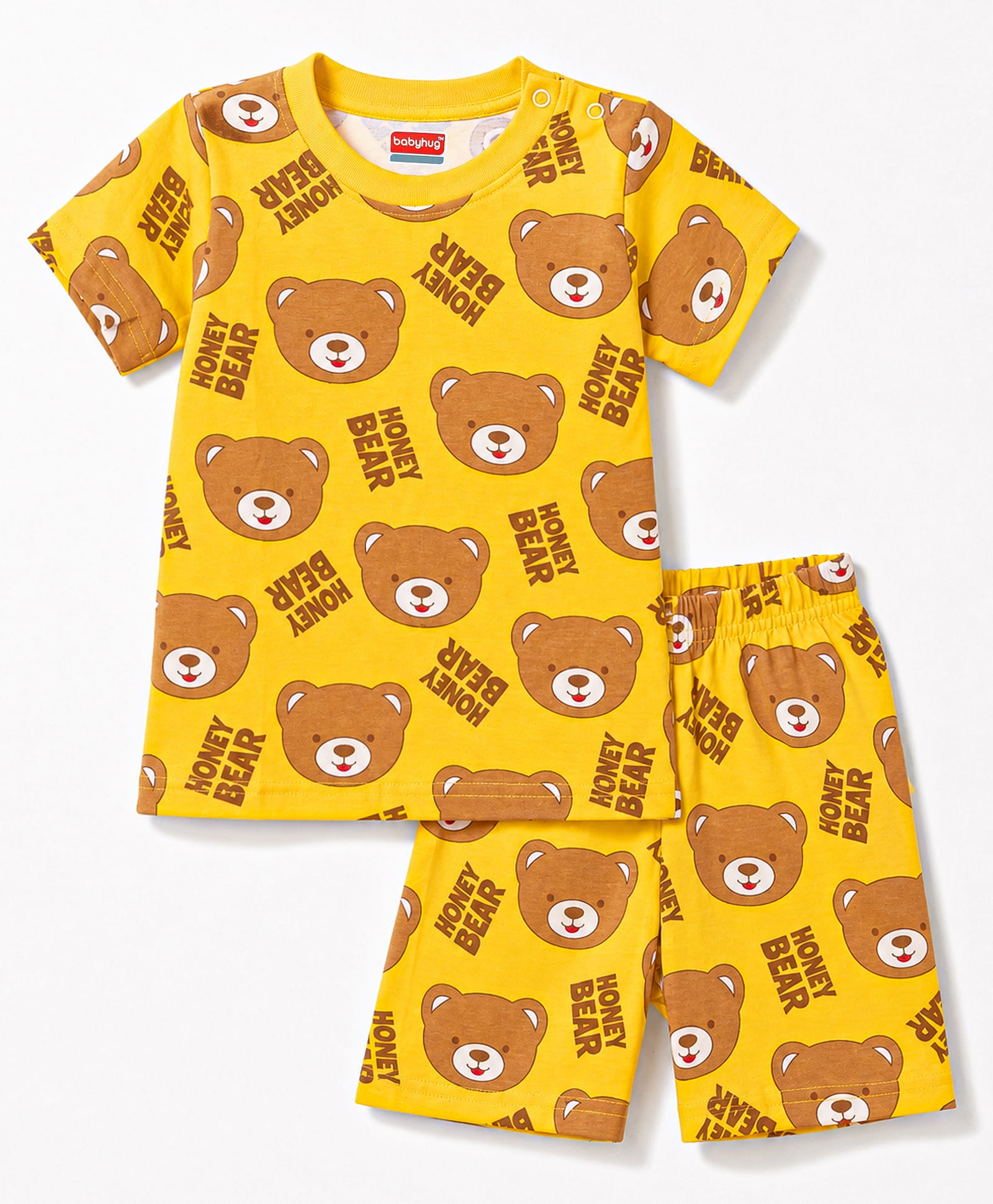 Babyhug Cotton Knit Half Sleeves Co Ord T-Shirt & Shorts Night Suit Bear Print - Yellow-image-39