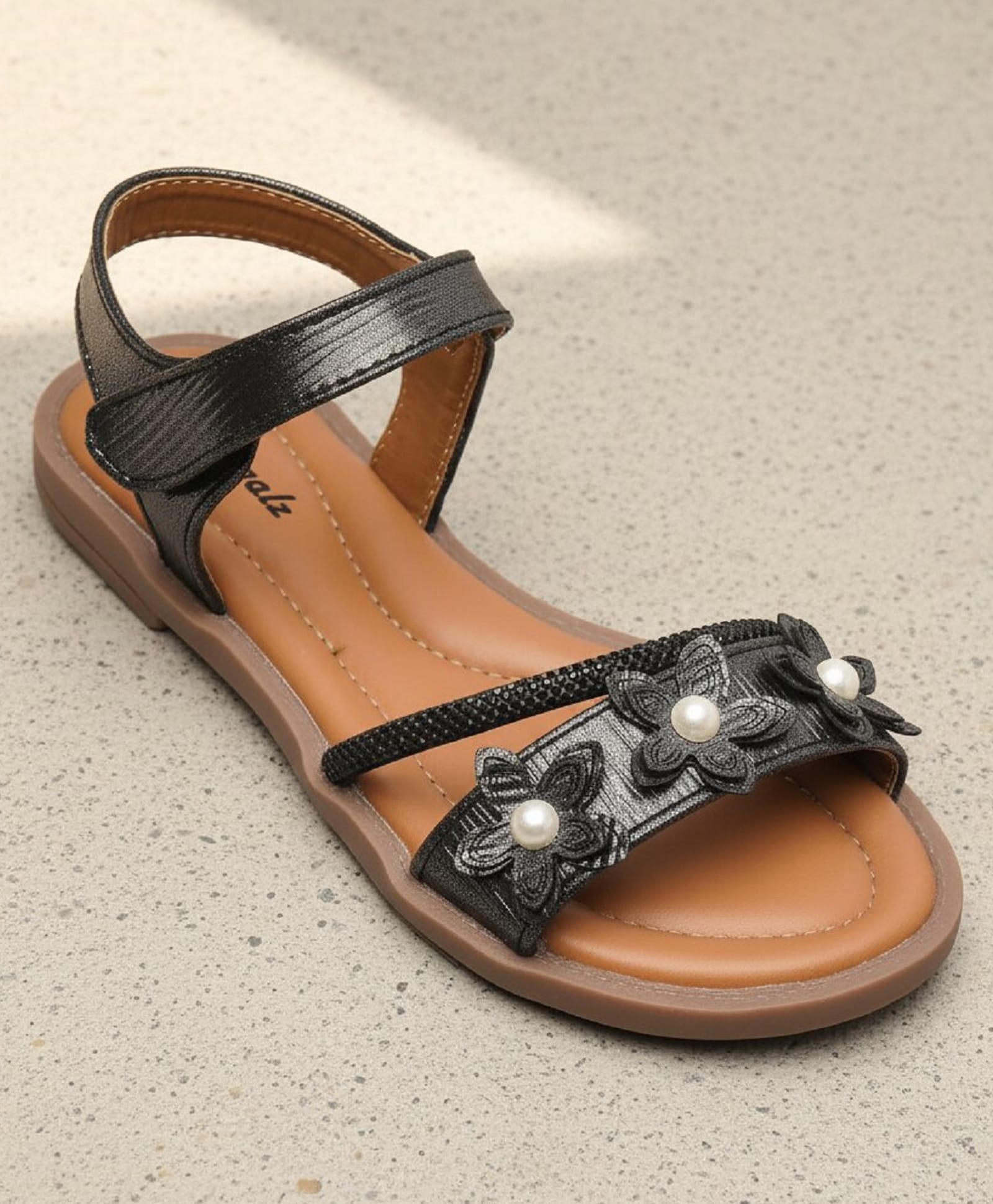 boyz n galz Floral Applique Detailed Stones Embellished Velcro Closure Sandals - Black-image-36