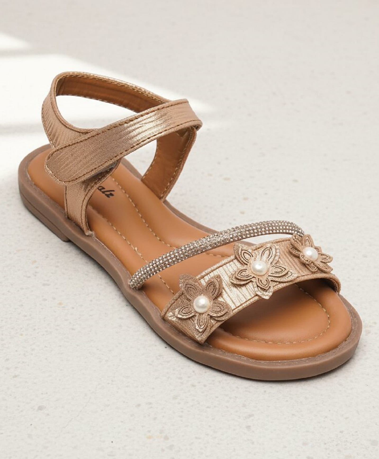 boyz n galz Floral Applique Detailed Stones Embellished Velcro Closure Sandals - Rose Gold-picture-19