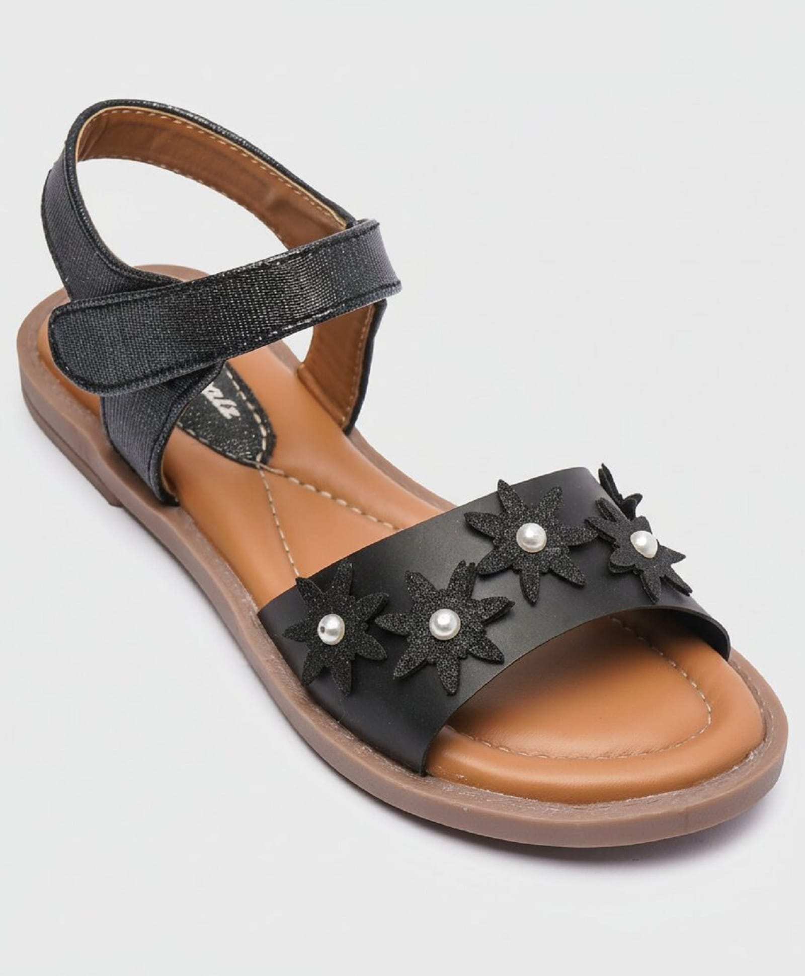 boyz n galz Floral Applique Glitter Detailed Pearl Embellished Velcro Closure Sandals - Black-image-39
