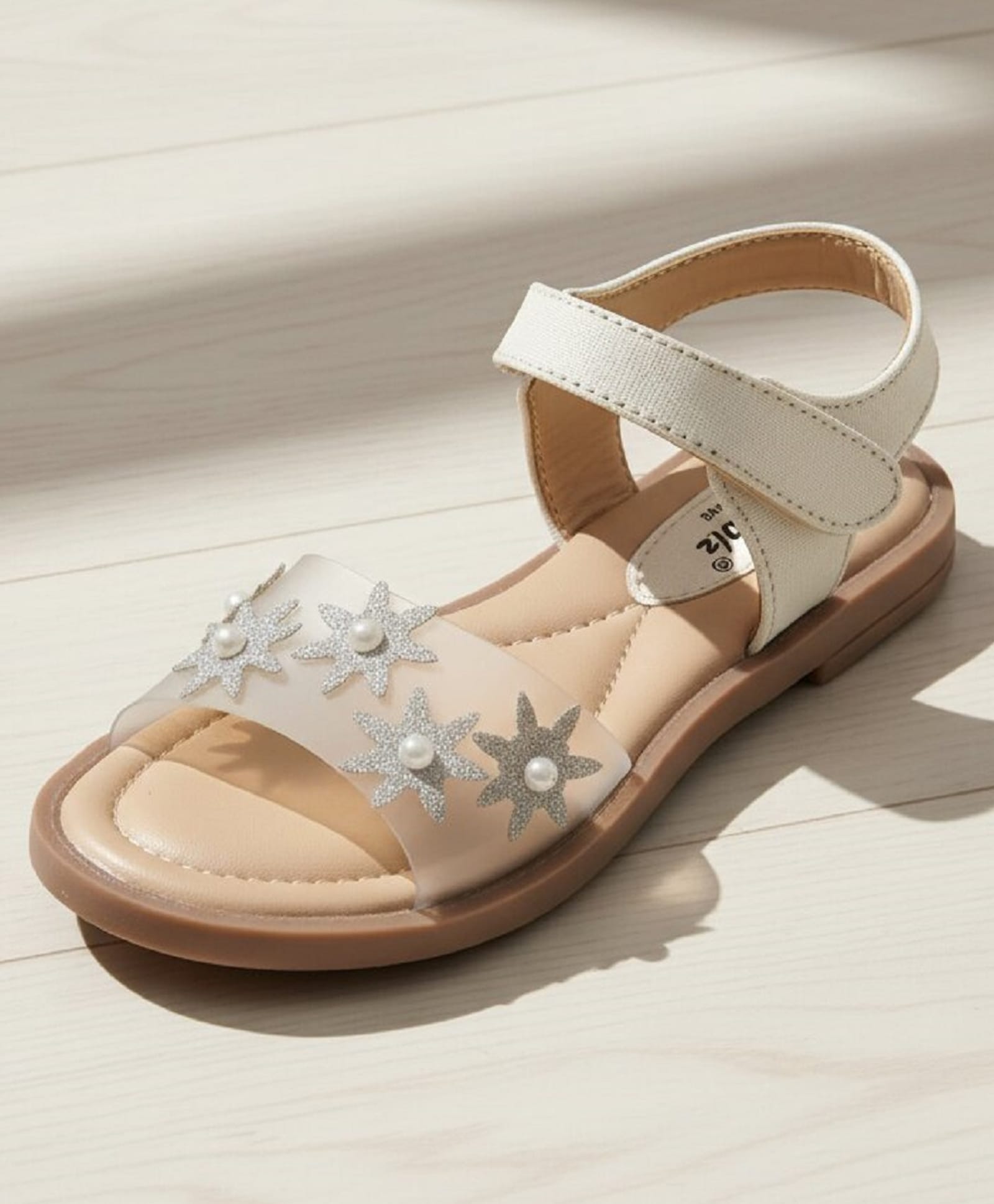 boyz n galz Floral Applique Glitter Detailed Pearl Embellished Velcro Closure Sandals - White-picture-28