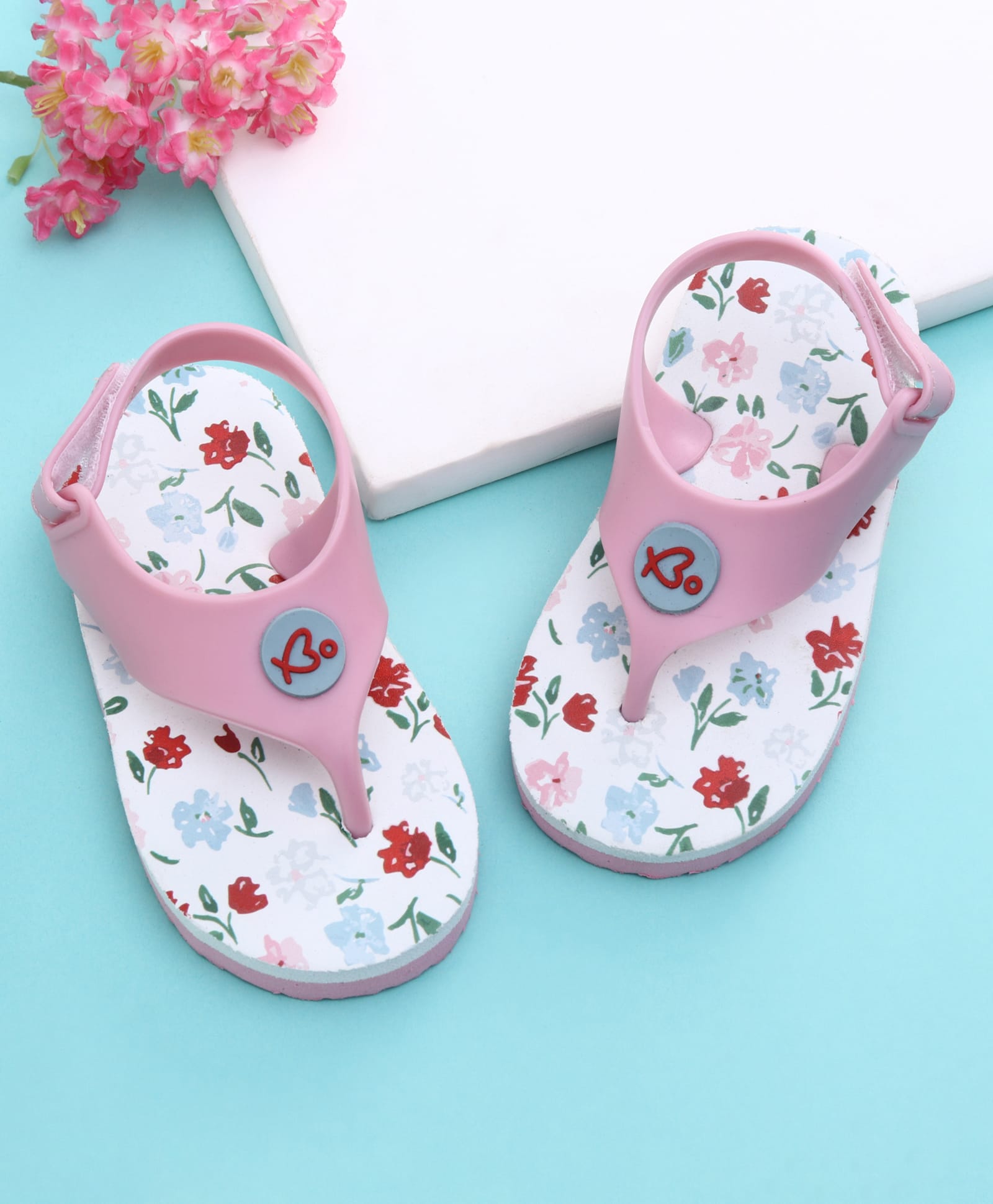 Babyoye Velcro Closure Flip Flops With Floral Print - Pink-picture-27