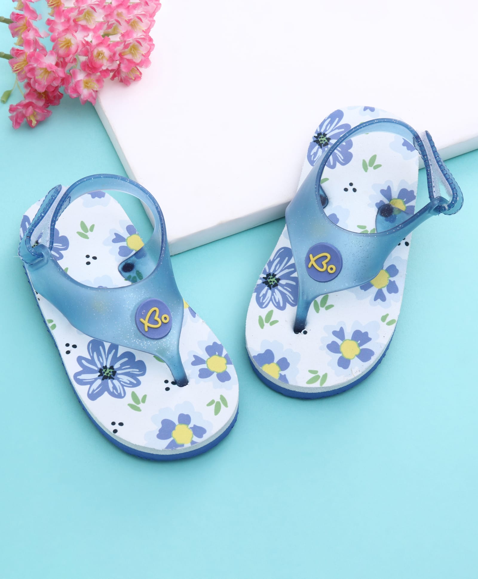 Babyoye Velcro Closure Flip Flops With Floral Print - Blue-picture-30