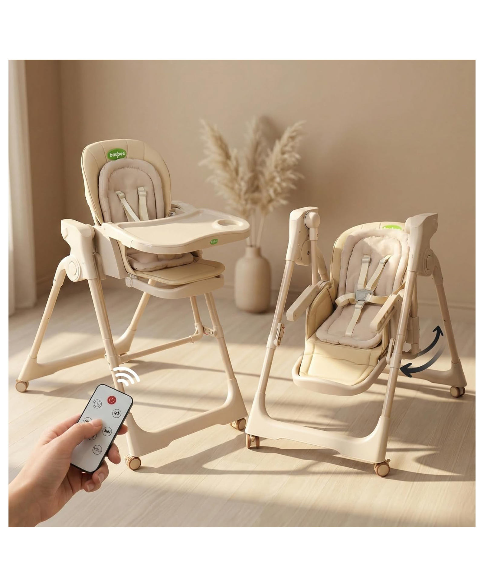 BAYBEE 3-in-1 Convertible High Chair for Baby with 5-Point Safety Harness,Height Adjustable Design, Detachable Tray, Bluetooth Music & Swing for Kids 0-5 Years (Beige)-image-22