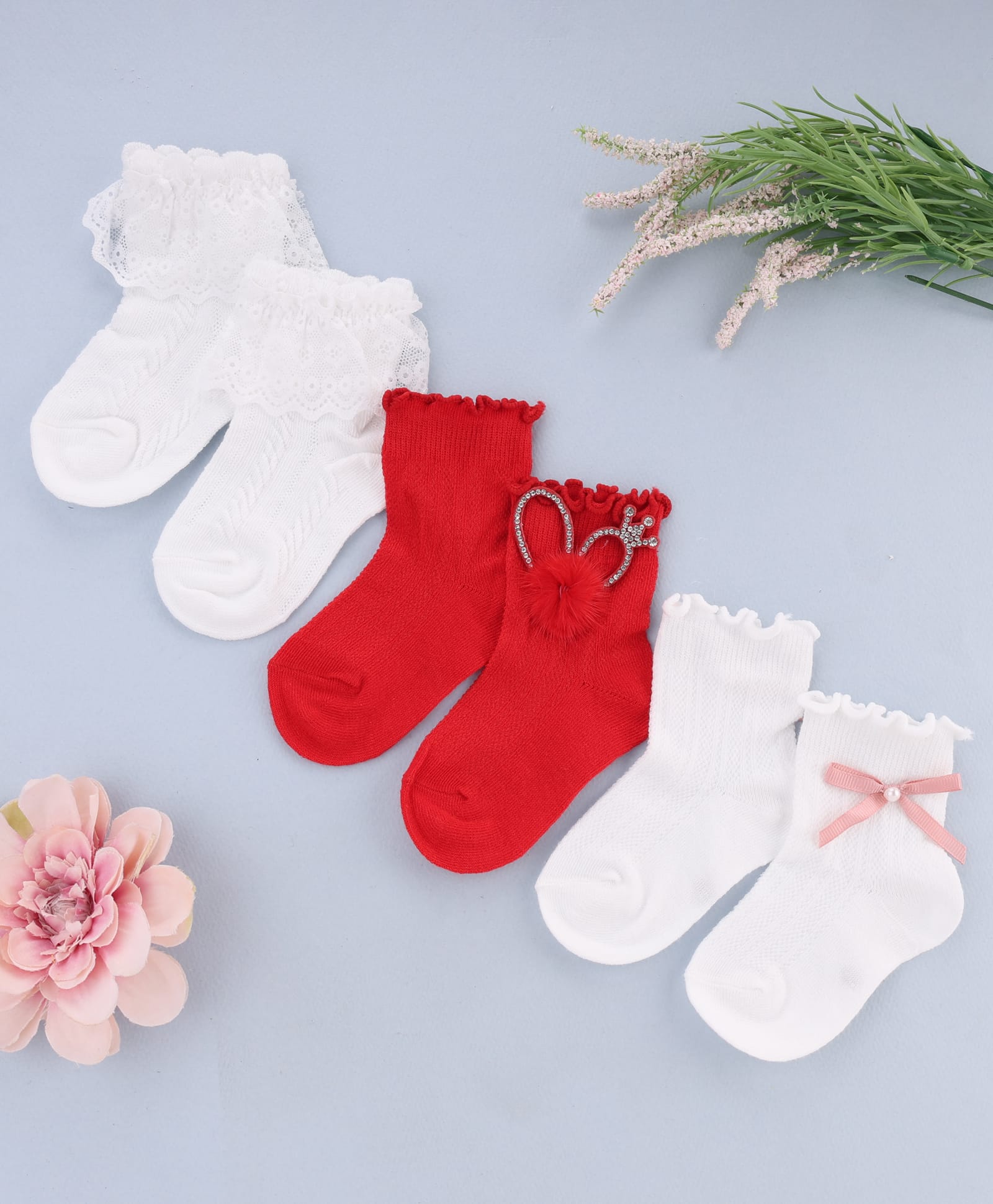 KIDLINGSS Cotton Knit Pack Of 3 Heart Embellished Frill & Bow Applique Detailed Socks - Multi Colour-picture-26