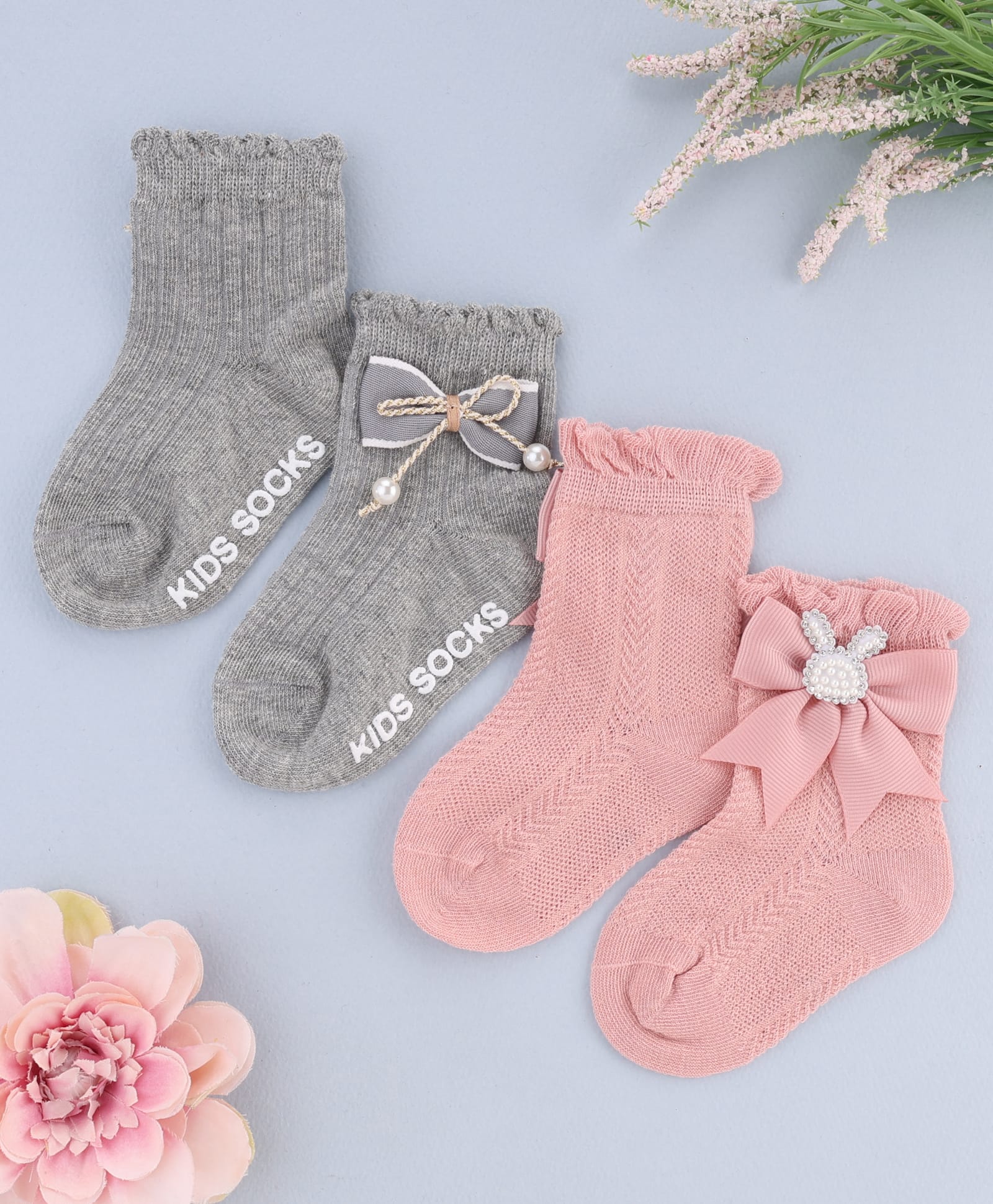 KIDLINGSS Cotton Knit Pack Of 2 Bunny & Bow Applique Detailed Socks - Pink & Grey-image-30