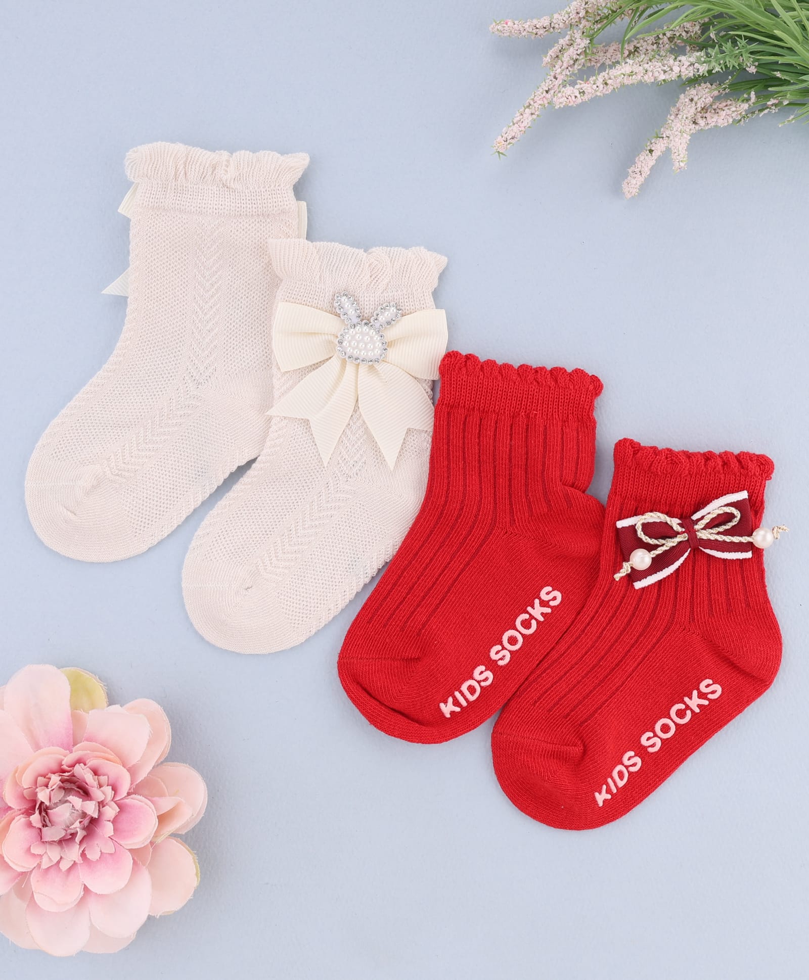 KIDLINGSS Cotton Knit Pack Of 2 Bunny & Bow Applique Detailed Socks - Red & White-picture-10