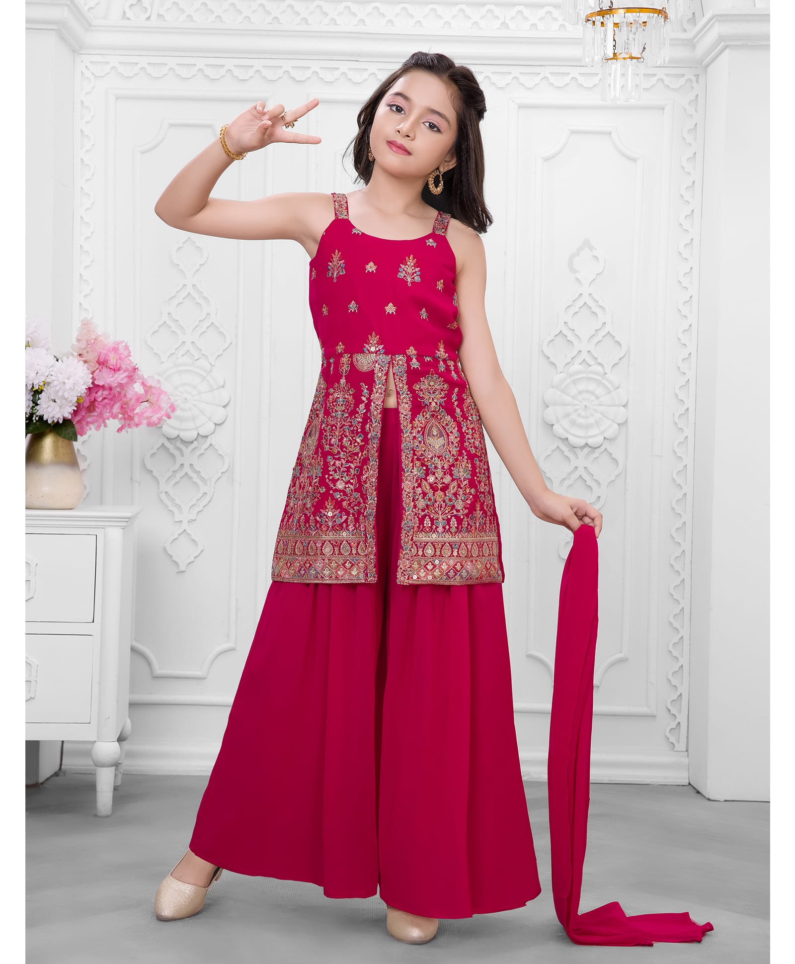 Ministitch Georgette Woven Sleeveless Floral Embroidered Kurti & Palazzo Set With Dupatta - Pink-image-48