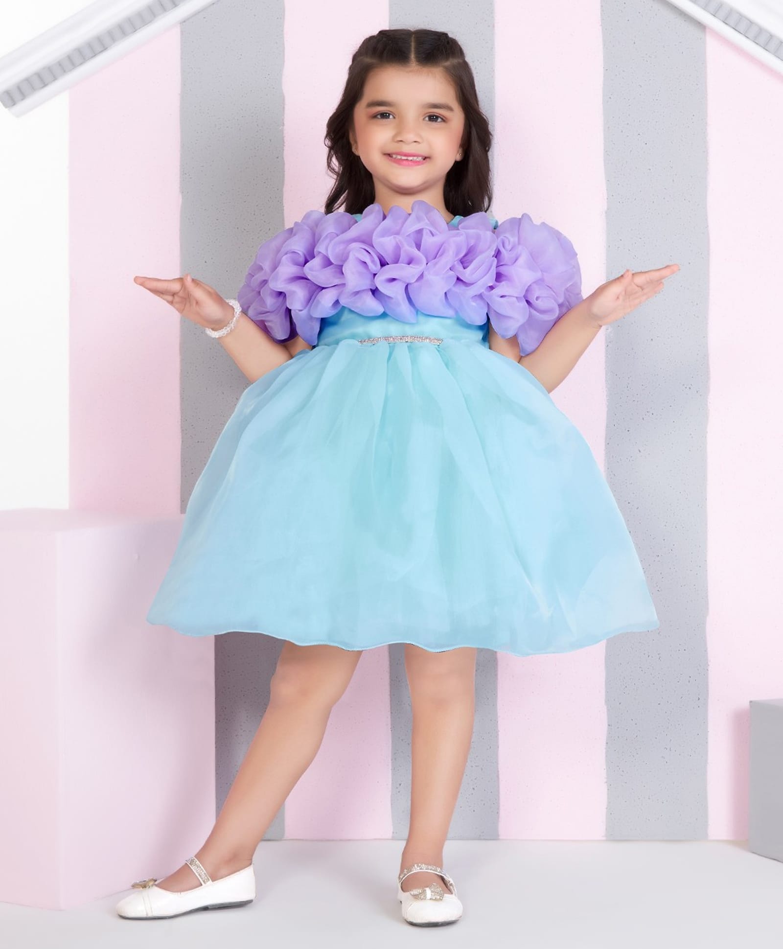 Ministitch Organza Woven Half Sleeveless Colour Blocked & Ruffle Detailed Dress - Aqua Blue-picture-20