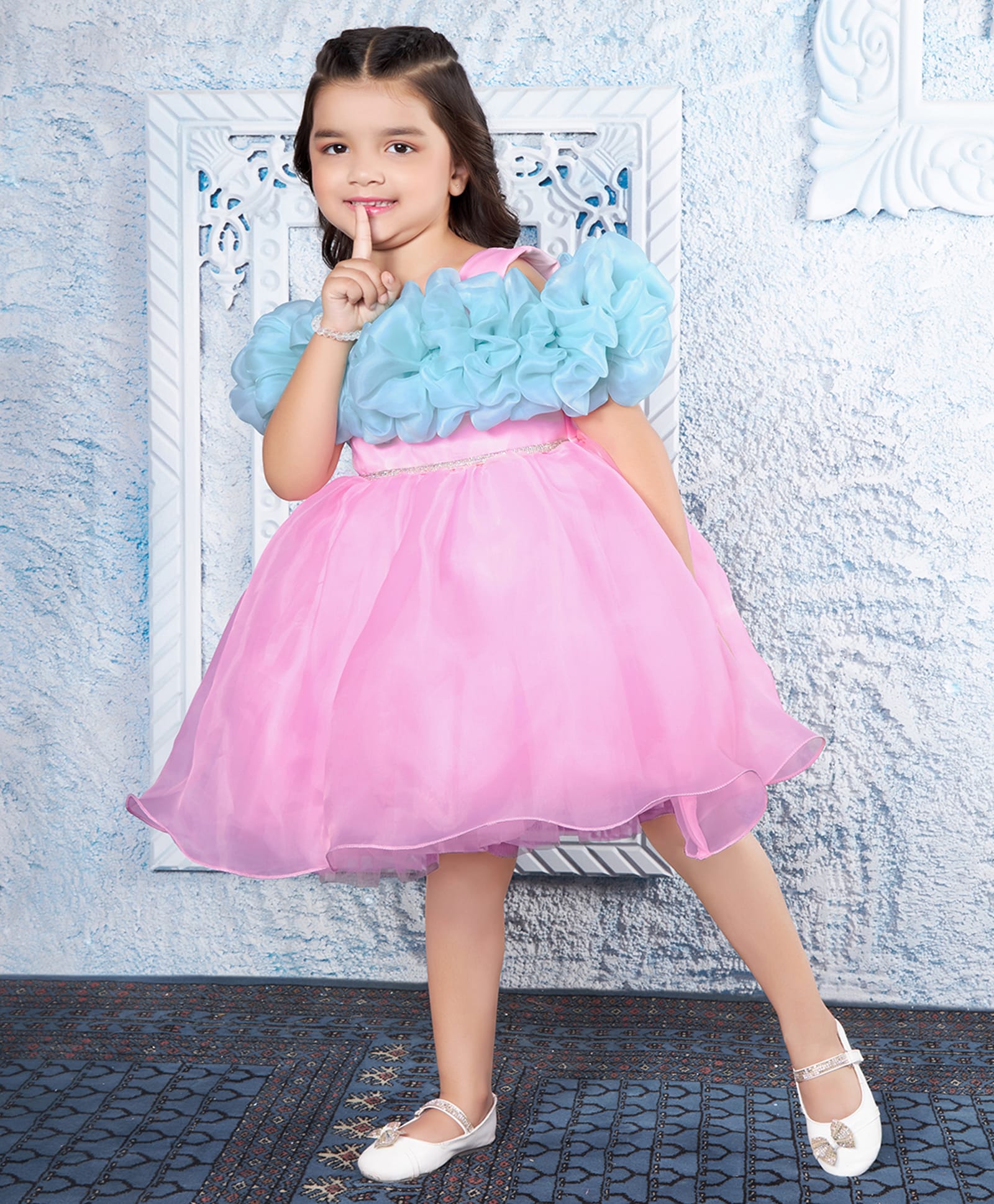 Ministitch Organza Woven Half Sleeveless Colour Blocked & Ruffle Detailed Dress - Pink-picture-45