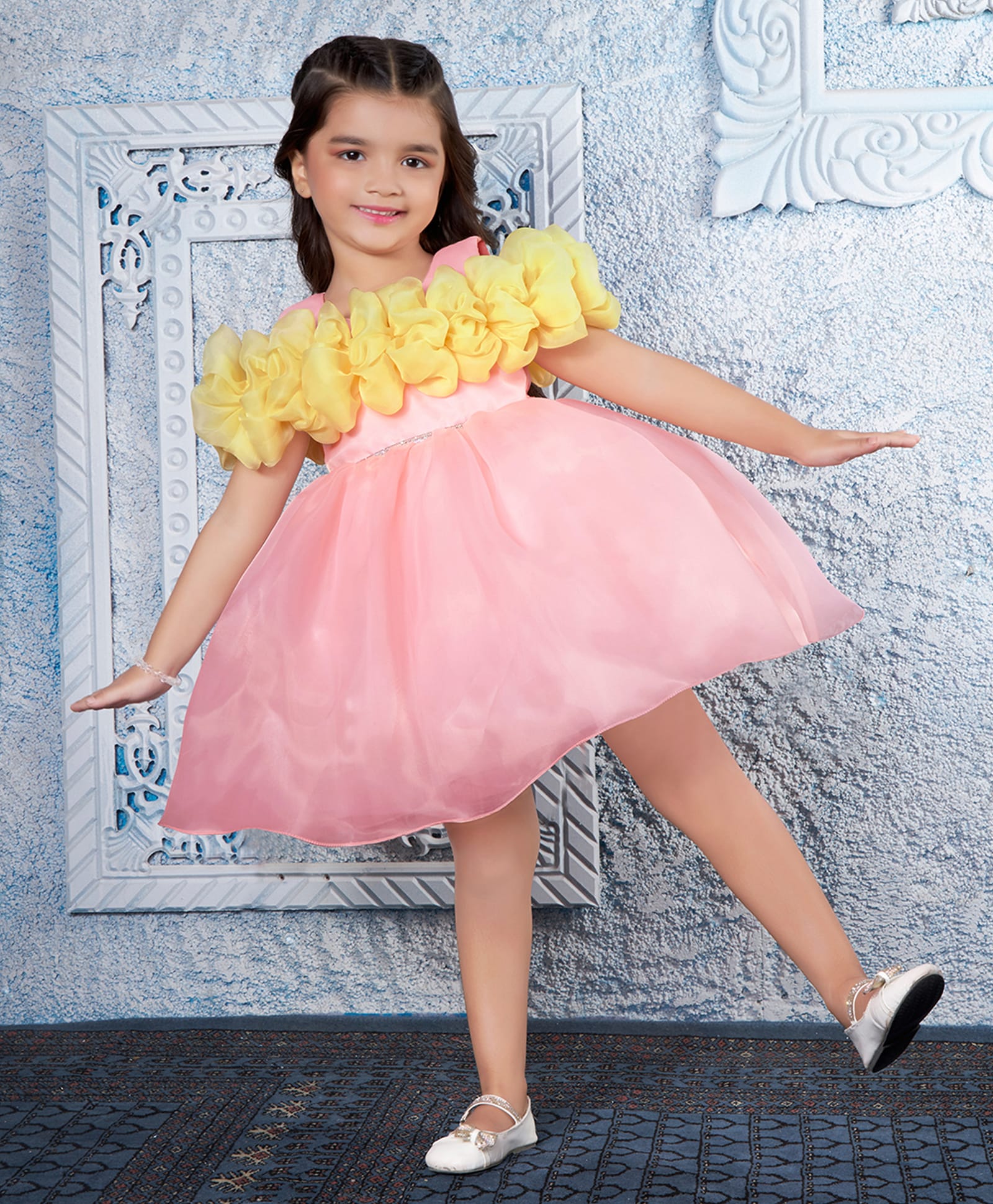 Ministitch Organza Woven Half Sleeveless Colour Blocked & Ruffle Detailed Dress - Peach-image-19