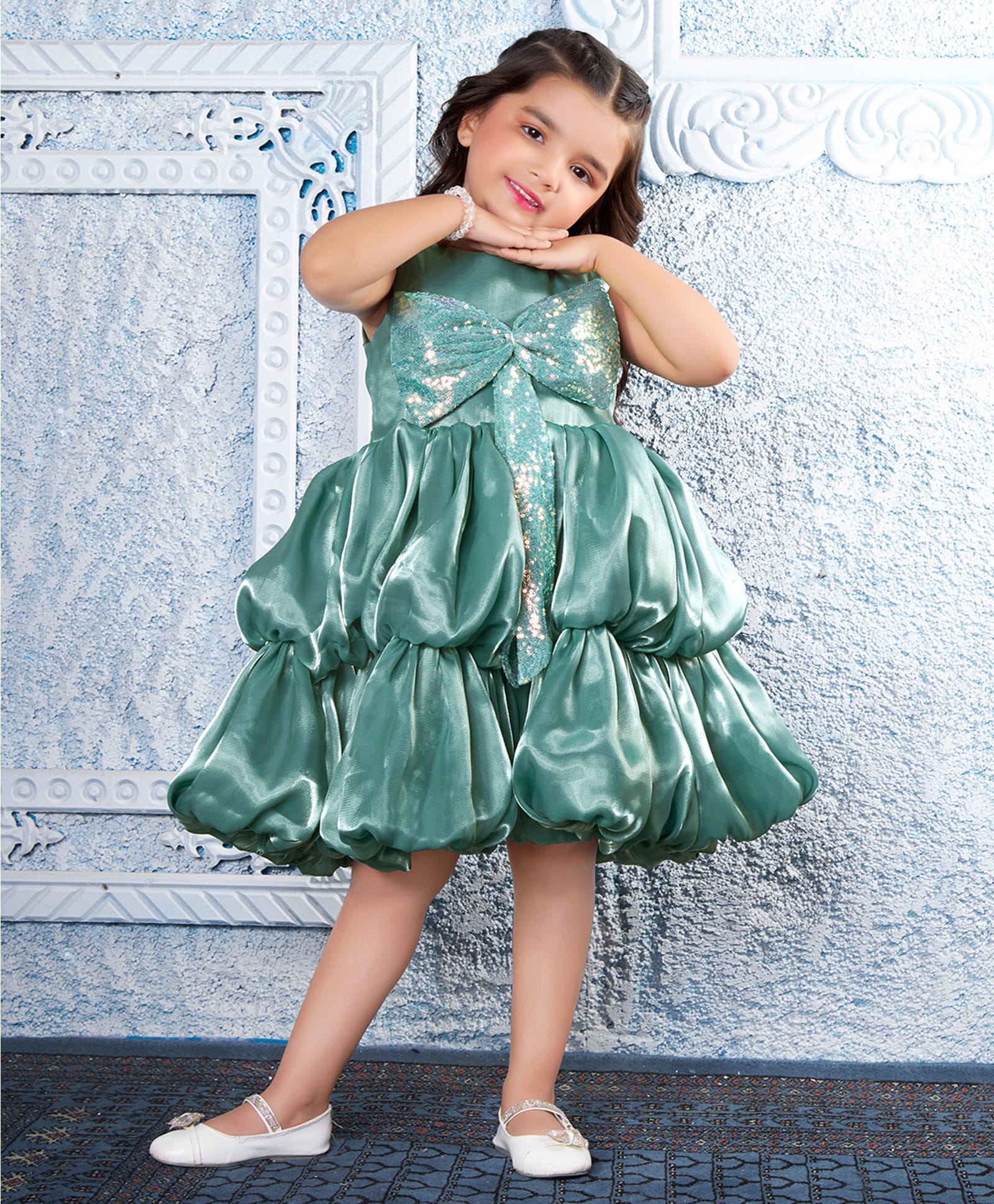 Ministitch Woven Sleeveless Sequins Embellished Bow Applique Detailed Tiered Bubble Dress - Green-image-37