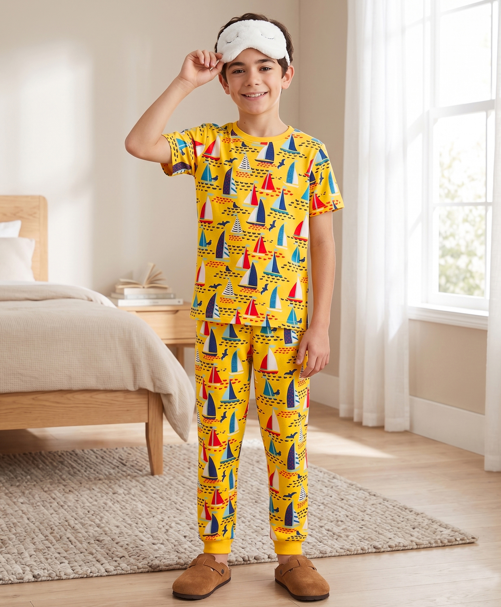 Pine Kids Cotton Knit Full Sleeves T-Shirt & Pyjama Co-Ord Night Suit With Boat Print - Yellow-image-23