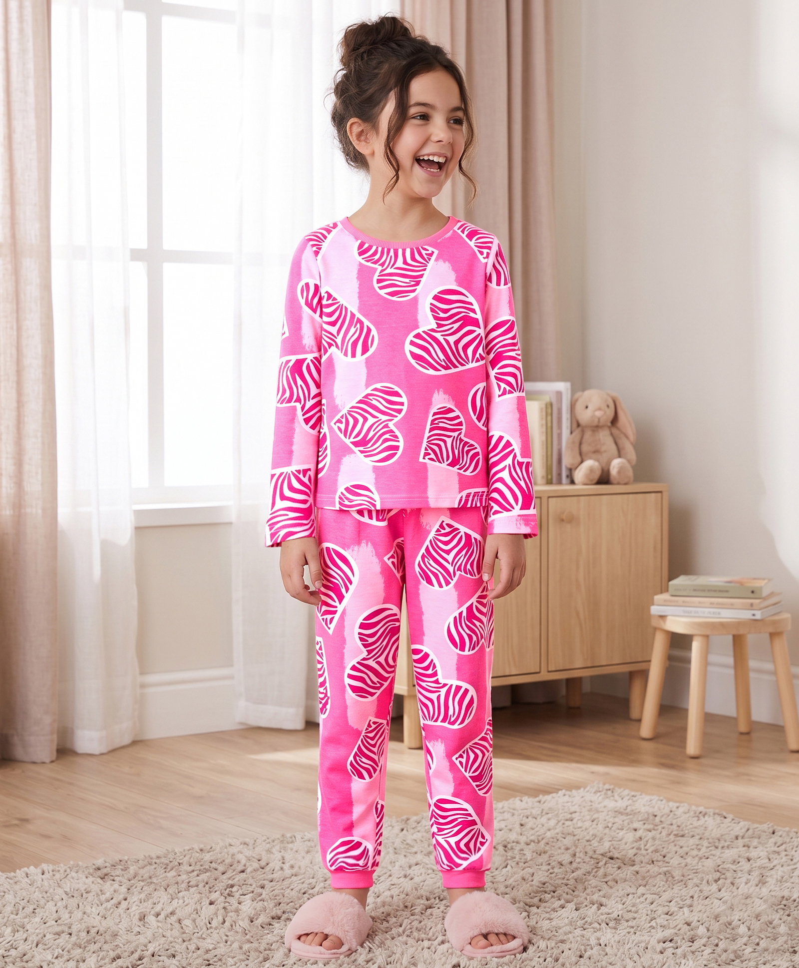 Pine Kids Cotton Knit Full Sleeves Co-Ords T-Shirt & Pyjama Night Suit With Heart Print - Pink-image-27