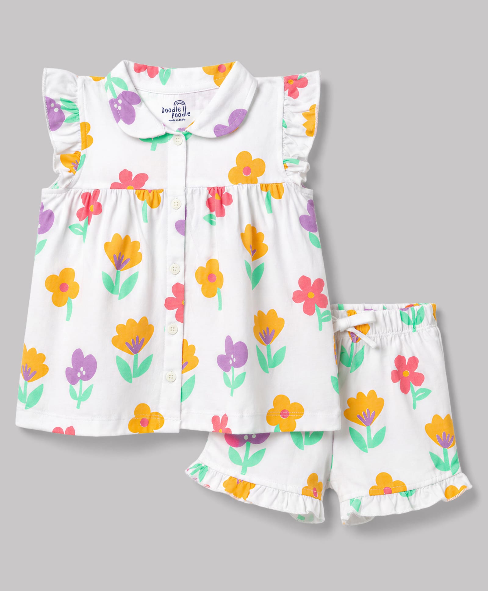 Doodle Poodle Single Jersey Knit Frill Sleeves Top & Shorts Co-Ords Night Suit with Floral Print - White-picture-26