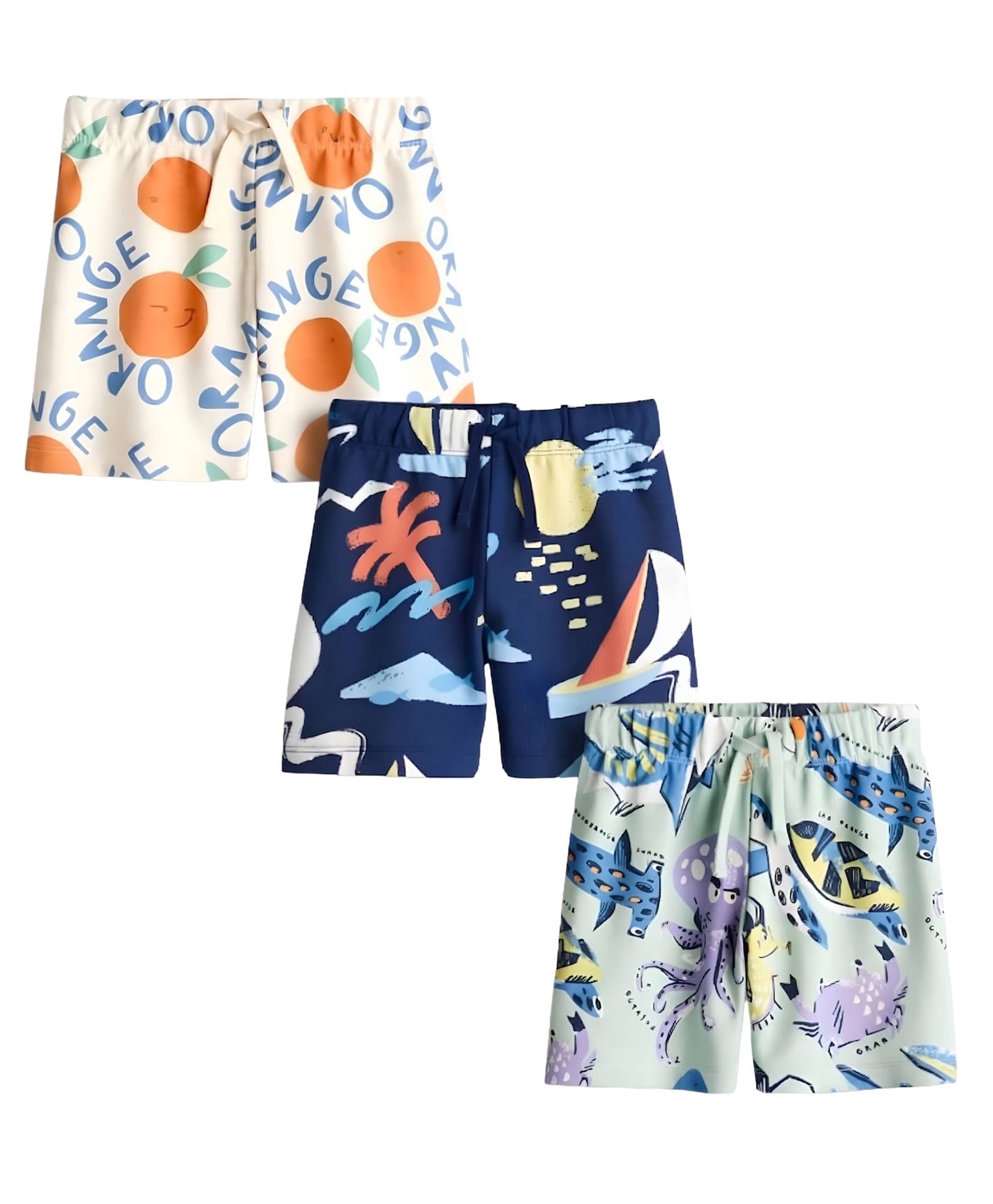 Googo Gaaga Cotton Knit Pack Of 3 Orange & Sea Life Printed Shorts - Multi Colour-image-27