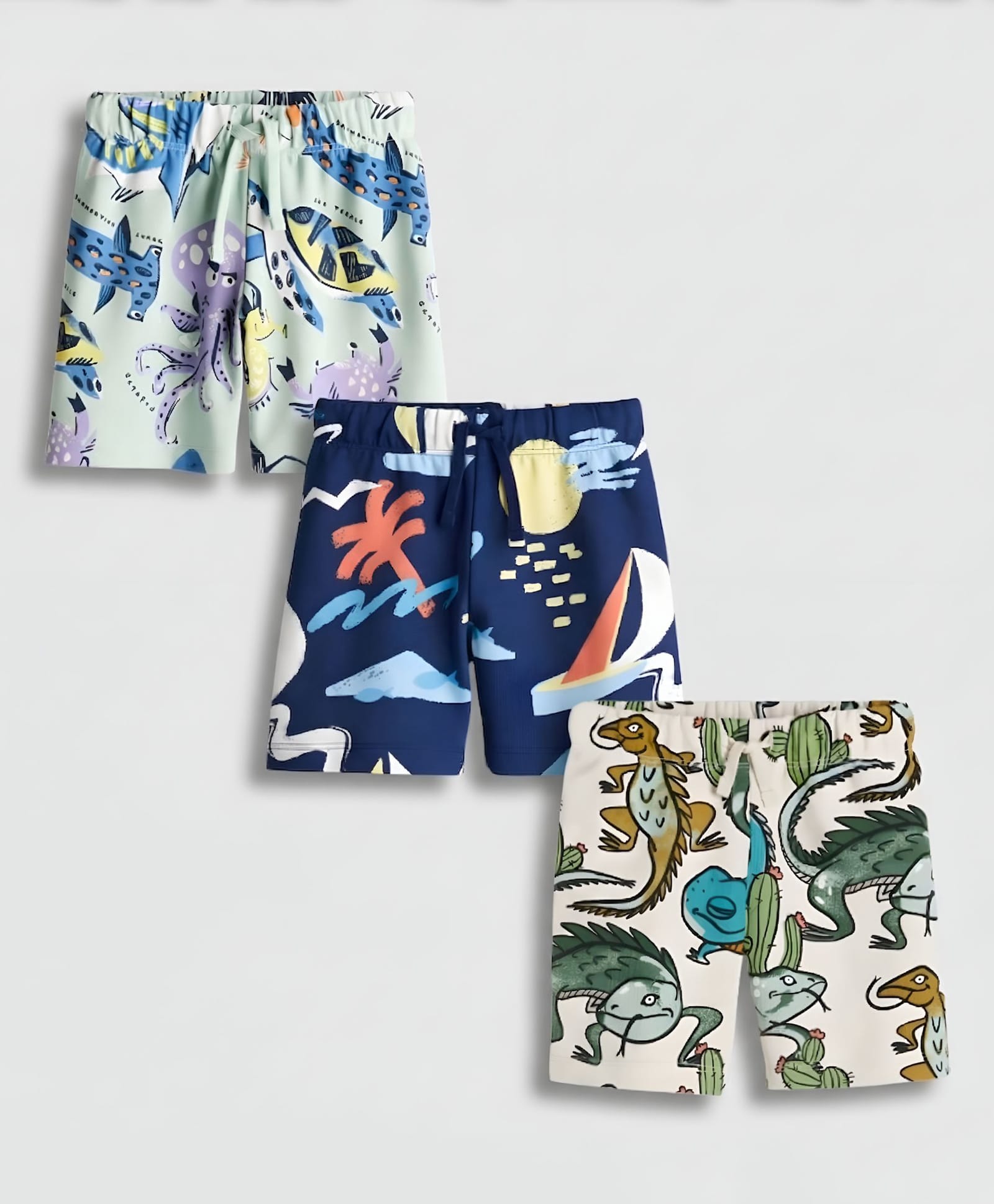 Googo Gaaga Cotton Knit Pack Of 3 Reptiles & Sea Life Printed Shorts - Multi Colour-picture-22