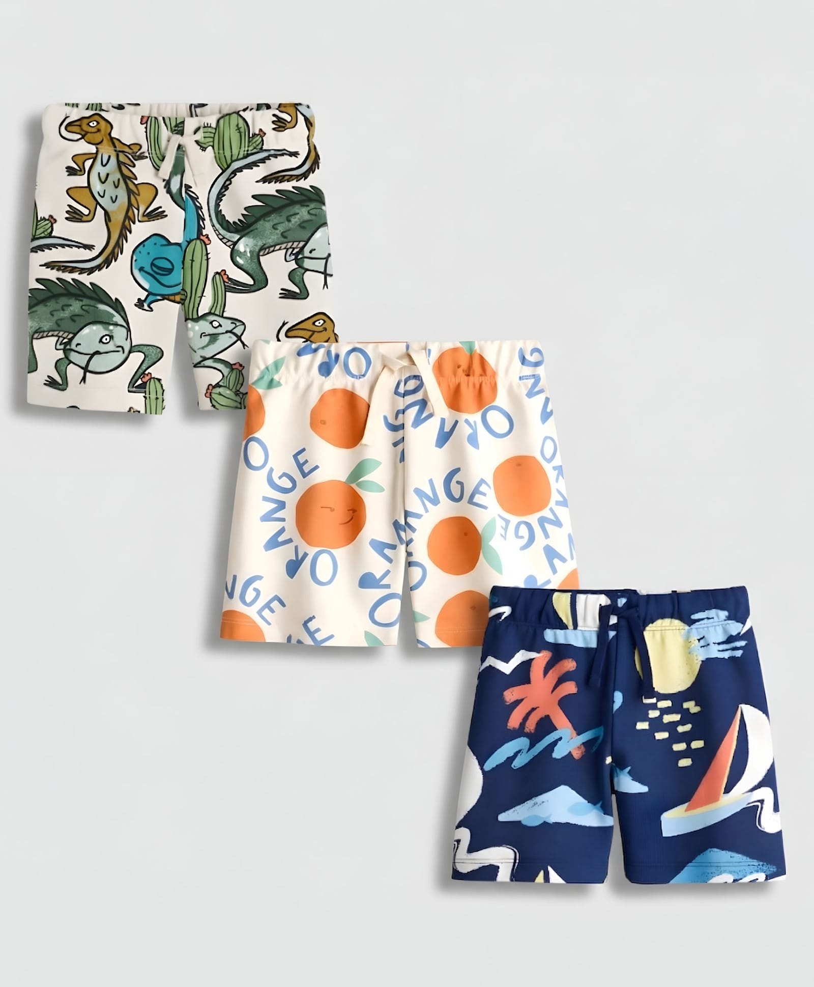 Googo Gaaga Cotton Knit Pack Of 3 Orange & Reptiles Printed Shorts - Multi Colour-picture-15