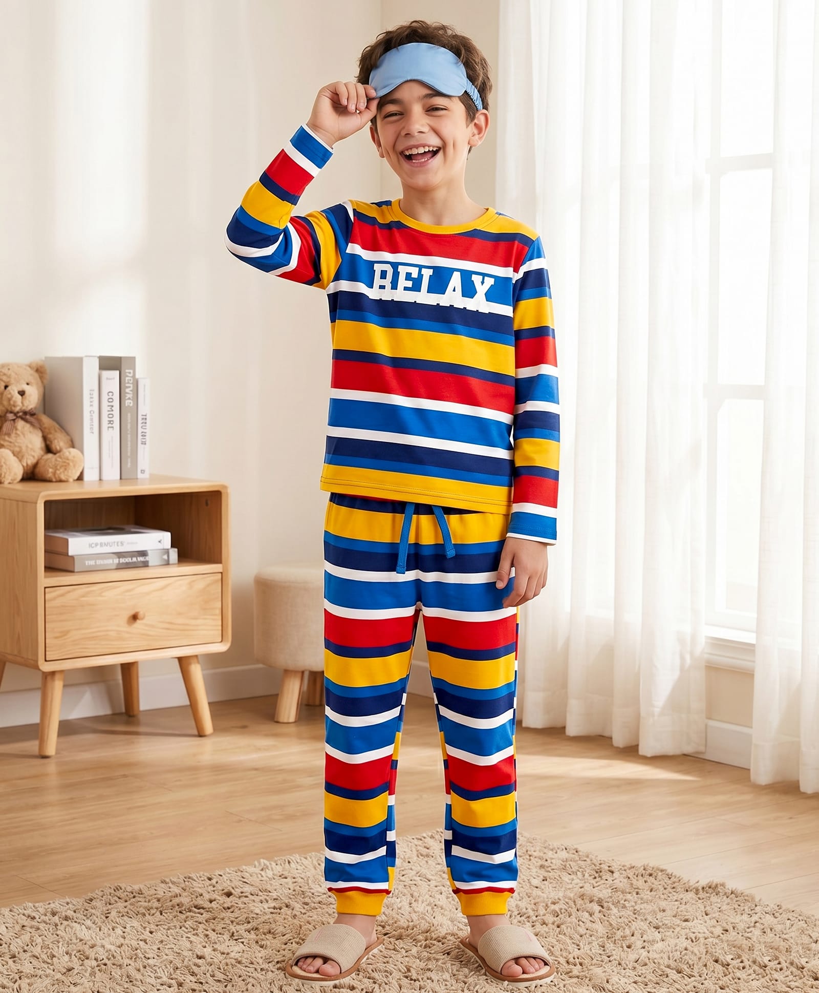 Pine Kids Cotton Knit Full Sleeves Striped Co-Ords T-Shirt & Pajama Night Suit with Text Print- Yellow-image-20