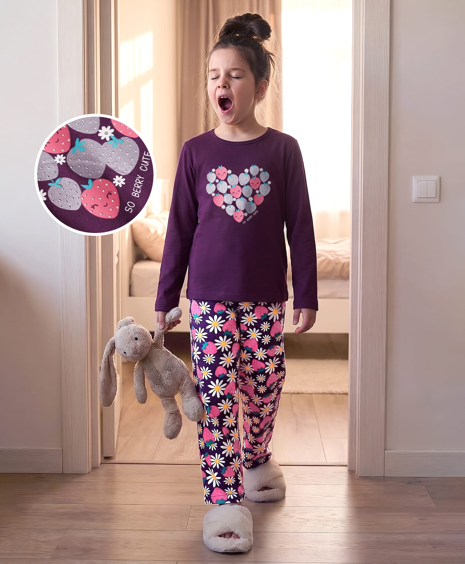 Pine Kids Cotton Knit Full Sleeves Heart & Floral Printed T-Shirt & Pajama Night Suit - Purple-picture-14