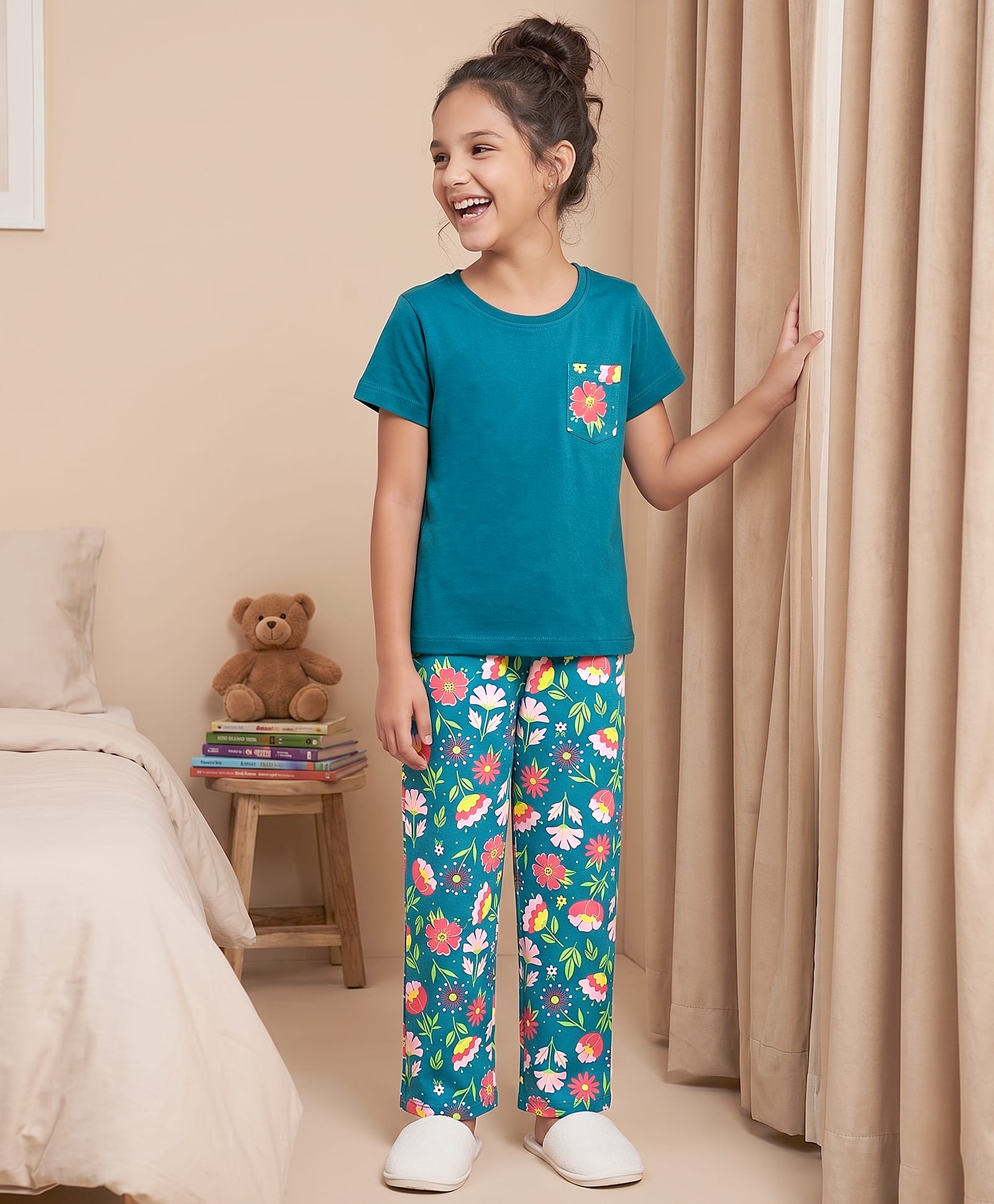 Pine Kids 100% Cotton Knit Half Sleeves Floral Printed T-Shirt & Pyjama Night Suit - Dark Green-image-39