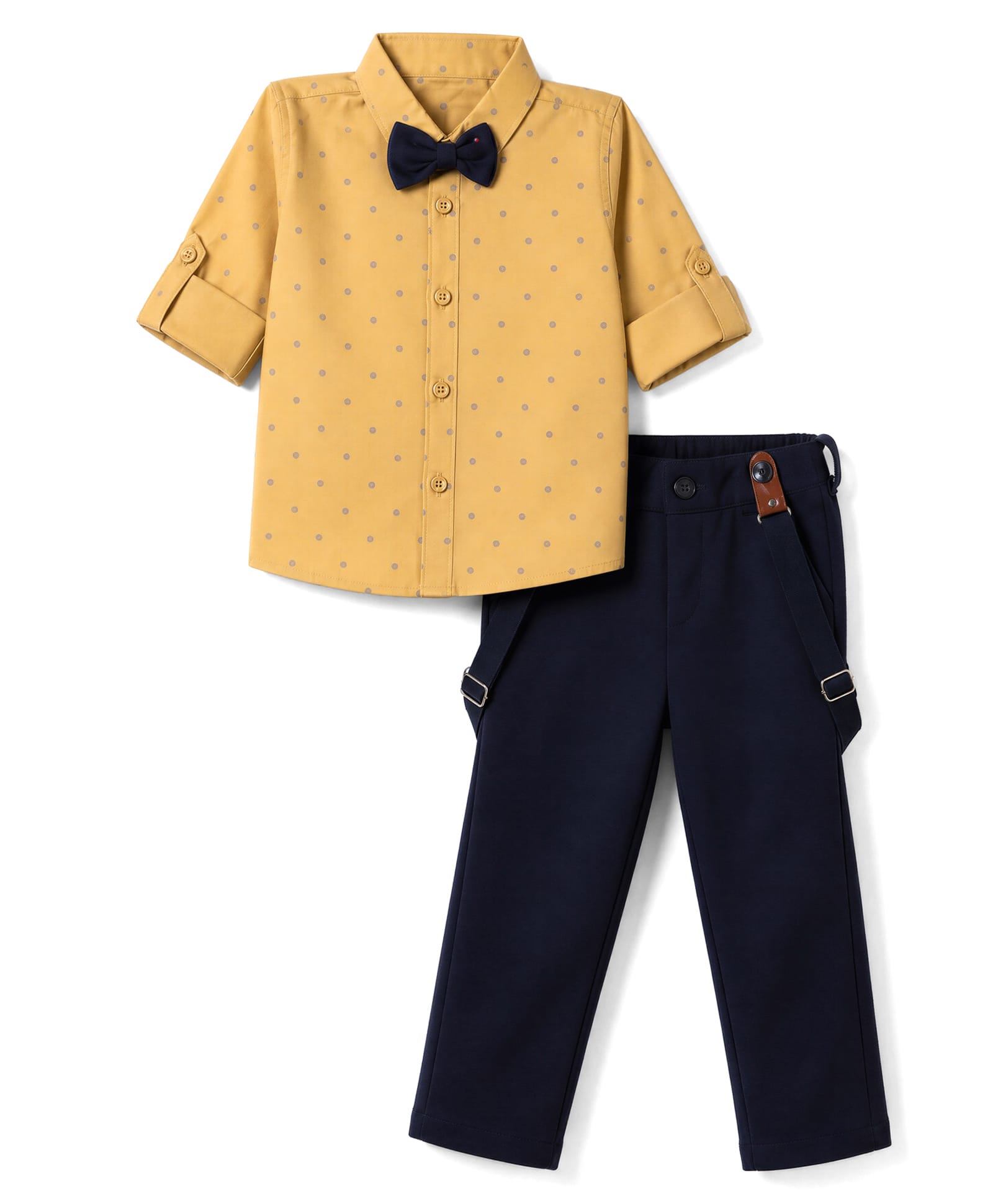 Robo Fry Cotton Woven Full Sleeves Polka Dots Printed Shirt & Pant Set With Bow & Suspender - Mustard-picture-18