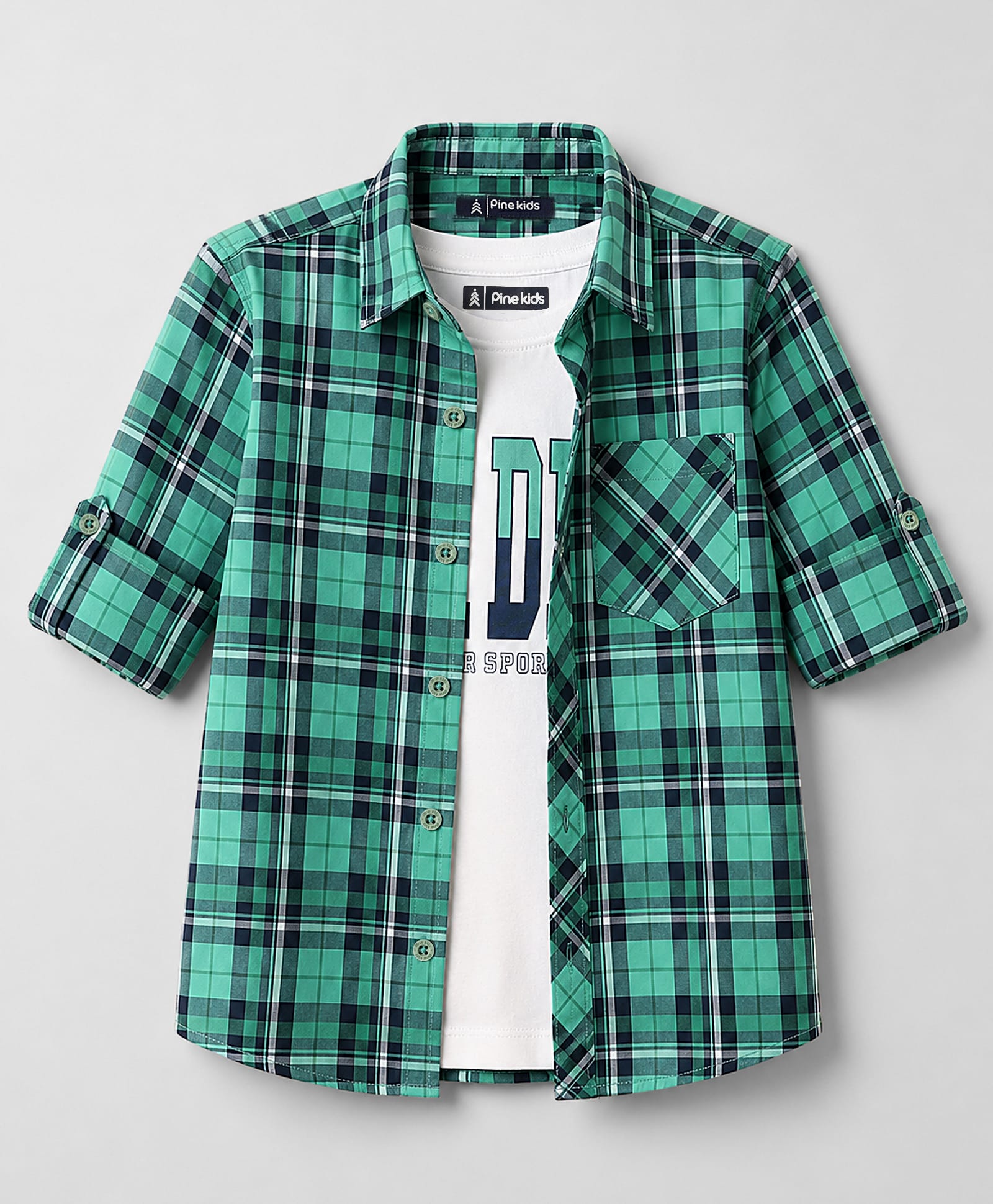 Pine Kids Cotton Woven Full Sleeves Checks Shirt with Tank T-Shirt - Green-image-46