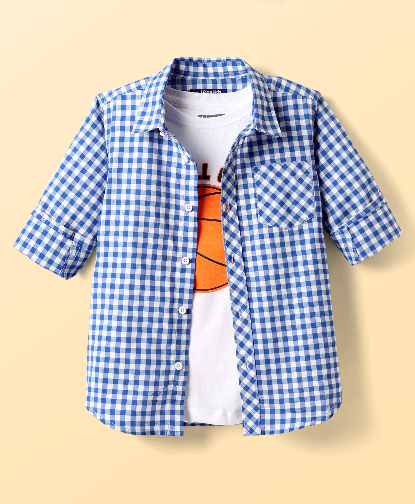 Pine Kids 100% Cotton Woven Full Sleeves Checked Shirt With Ball Printed Tank Inner Tee - Blue-picture-40