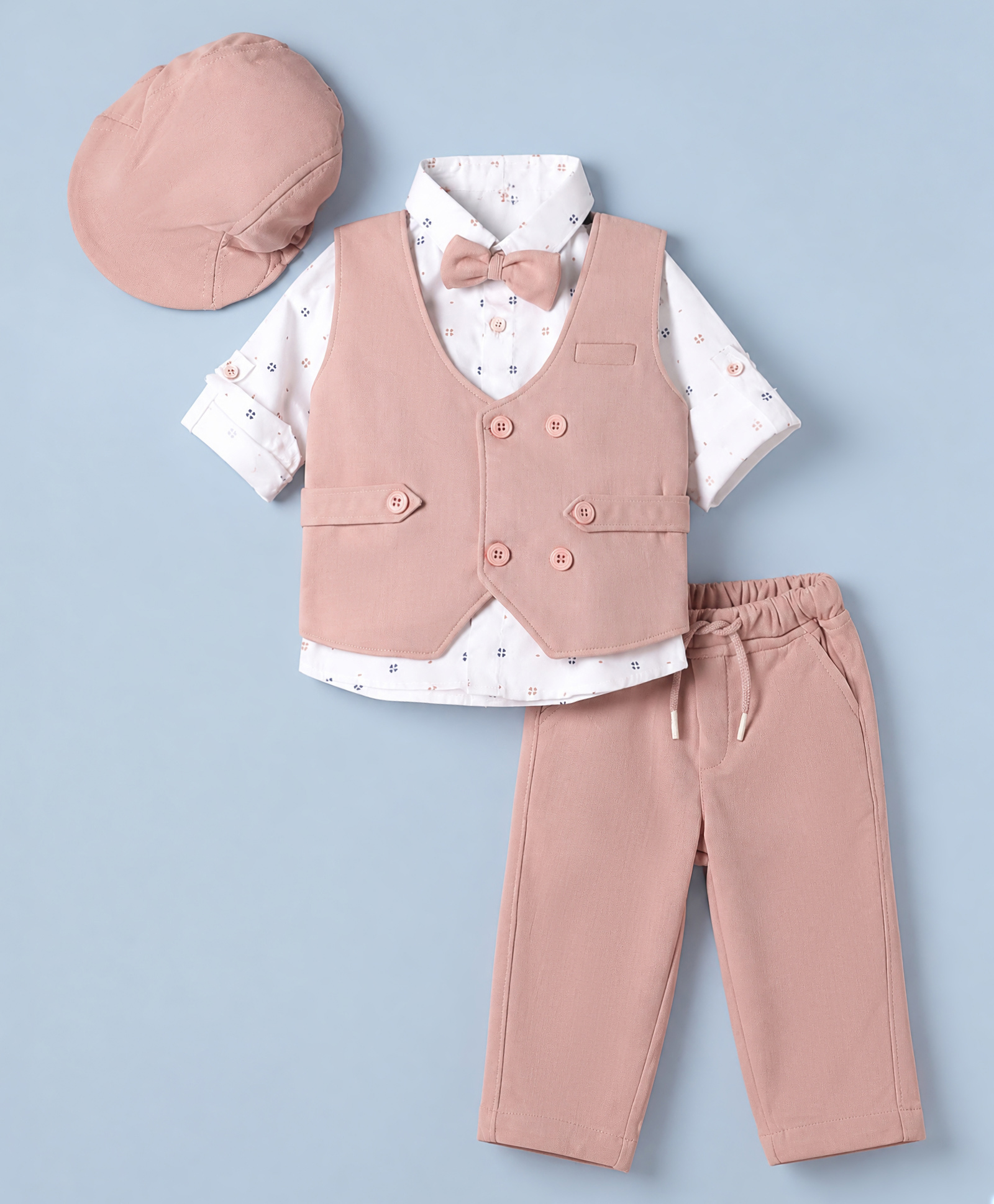 Robo Fry Cotton Woven Full Sleeves Printed Party Suit With Bow & Cap - Peach