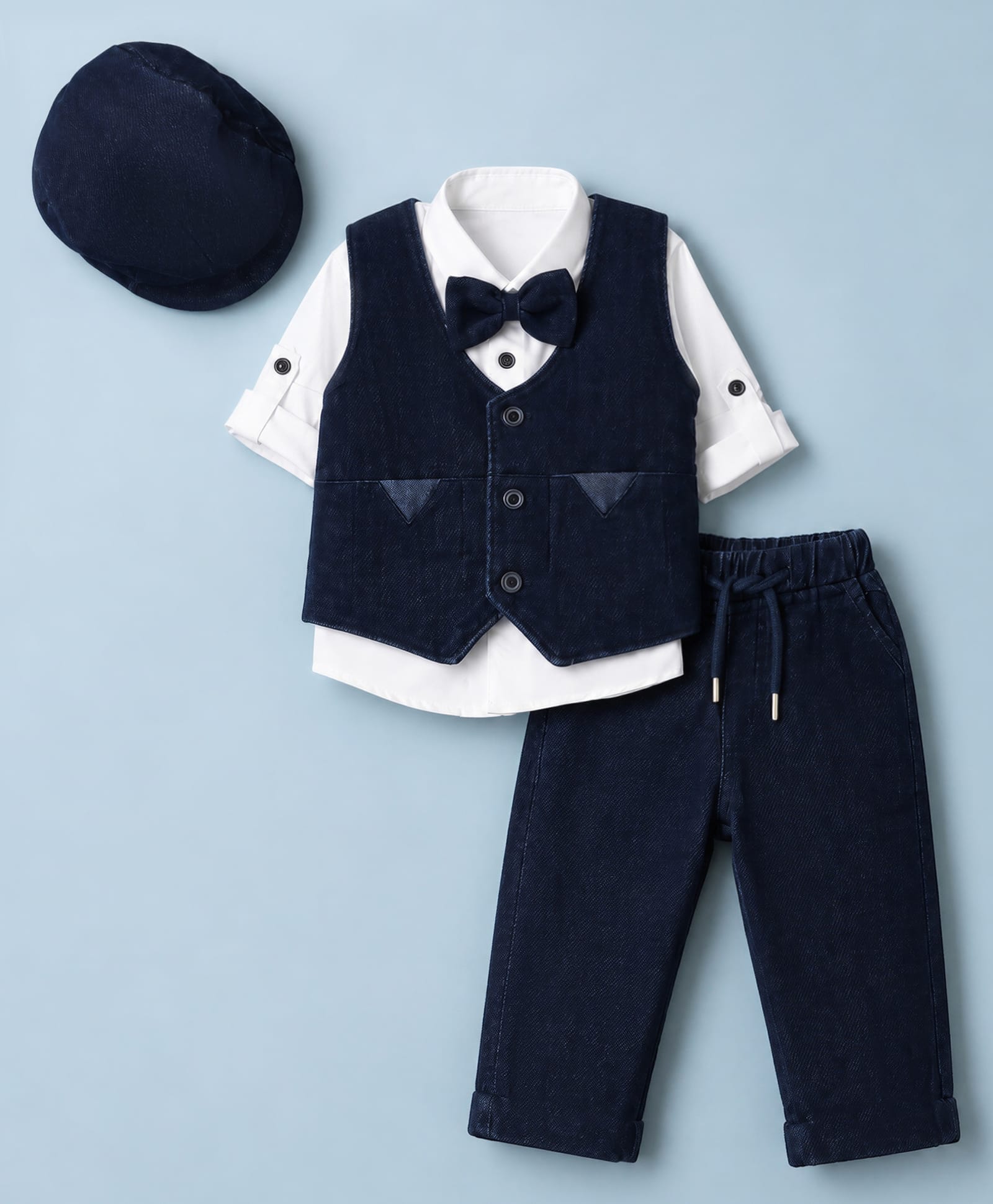 Robo Fry Cotton Woven Full Sleeves Solid Three Piece Party Suit With Bow & Cap - Navy Blue-picture-19