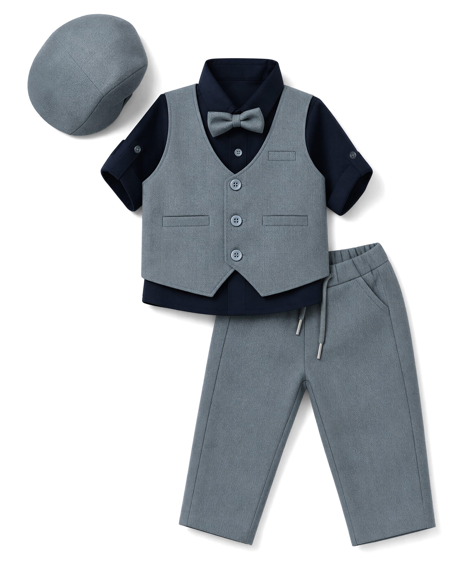 Robo Fry Cotton Woven Full Sleeves Solid Three Piece Party Suit With Bow & Cap - Blue-picture-2