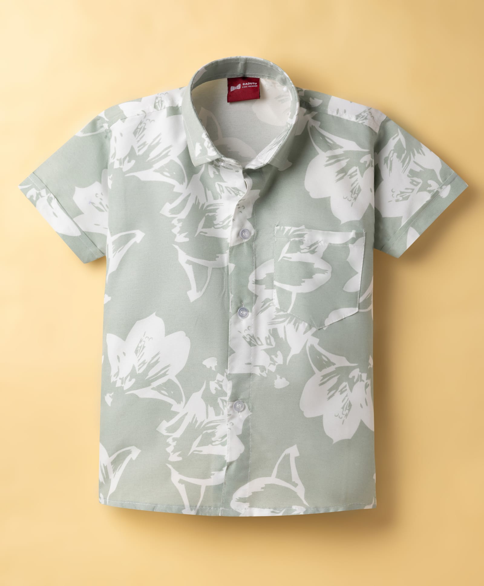 Radutu Cotton Woven Half Sleeve Collared Floral Printed Shirt Light Green 3-4 Years-picture-11