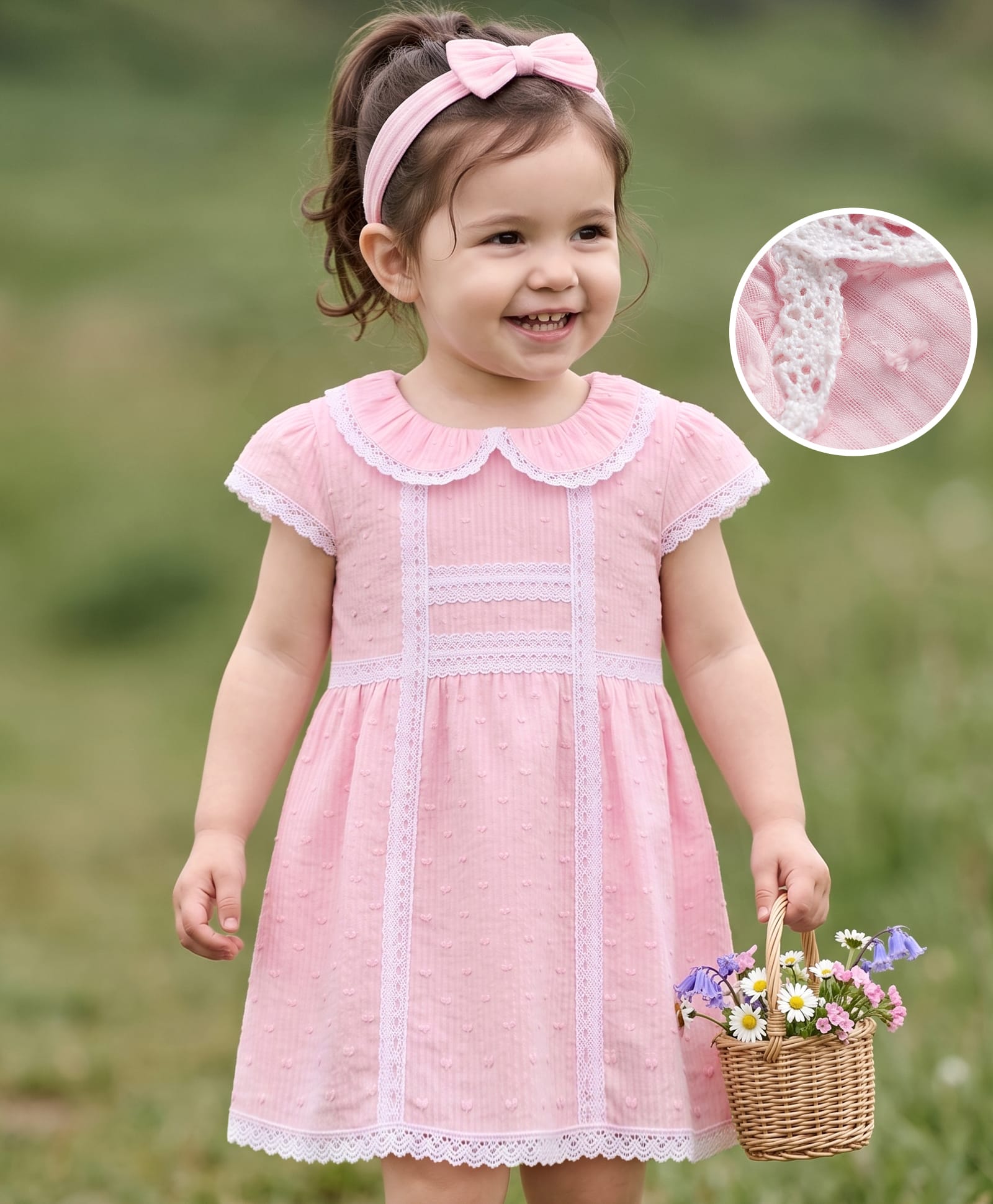 Babyhug Cotton Woven Half Sleeves Frock With Lace Detailing & Headband - Pink-image-46