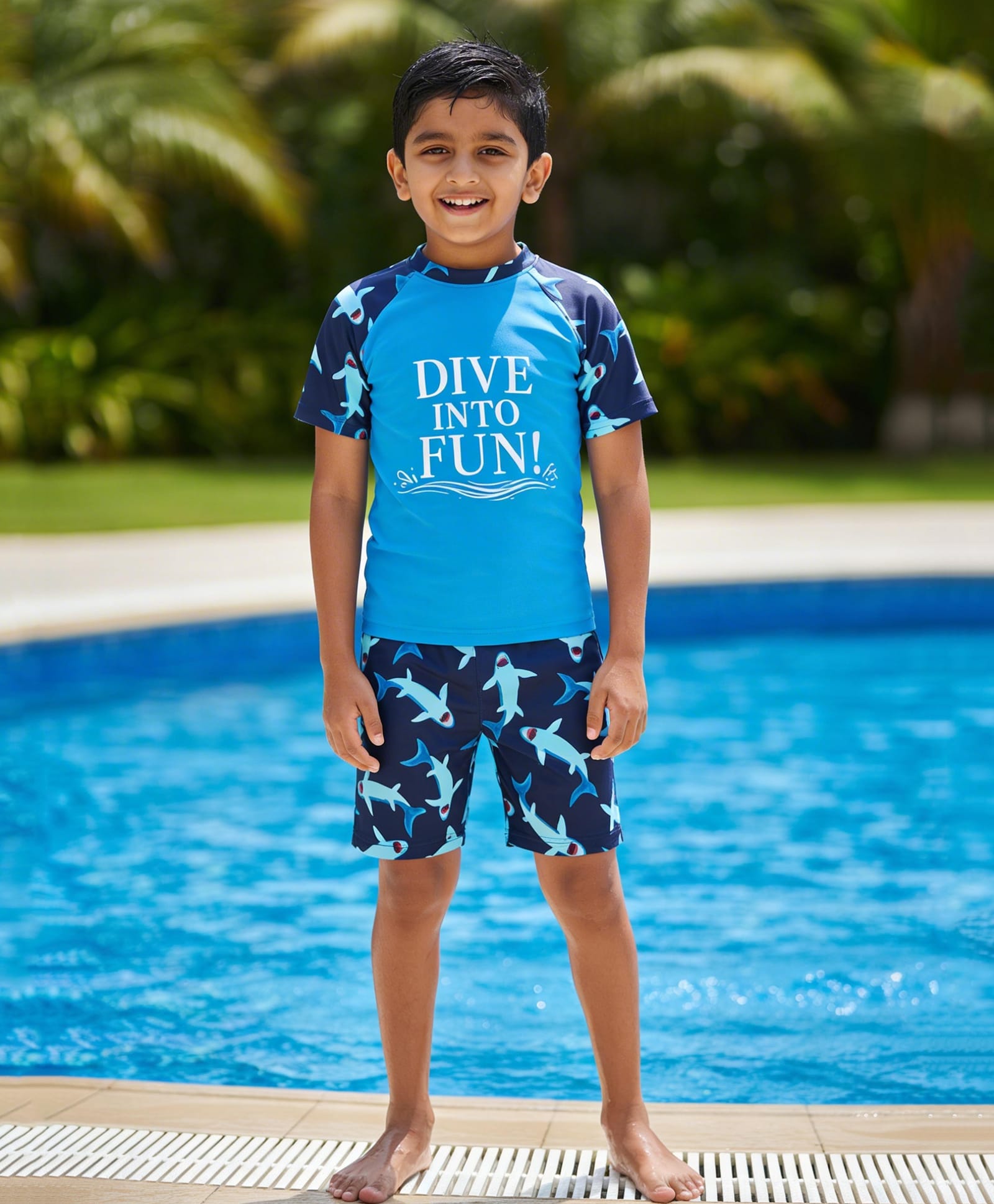 Kaboosh Half Raglan Sleeves Dive Into Fun Text & Shark Printed Swim Tee & Shorts Set - Sky Blue & Navy Blue-picture-36